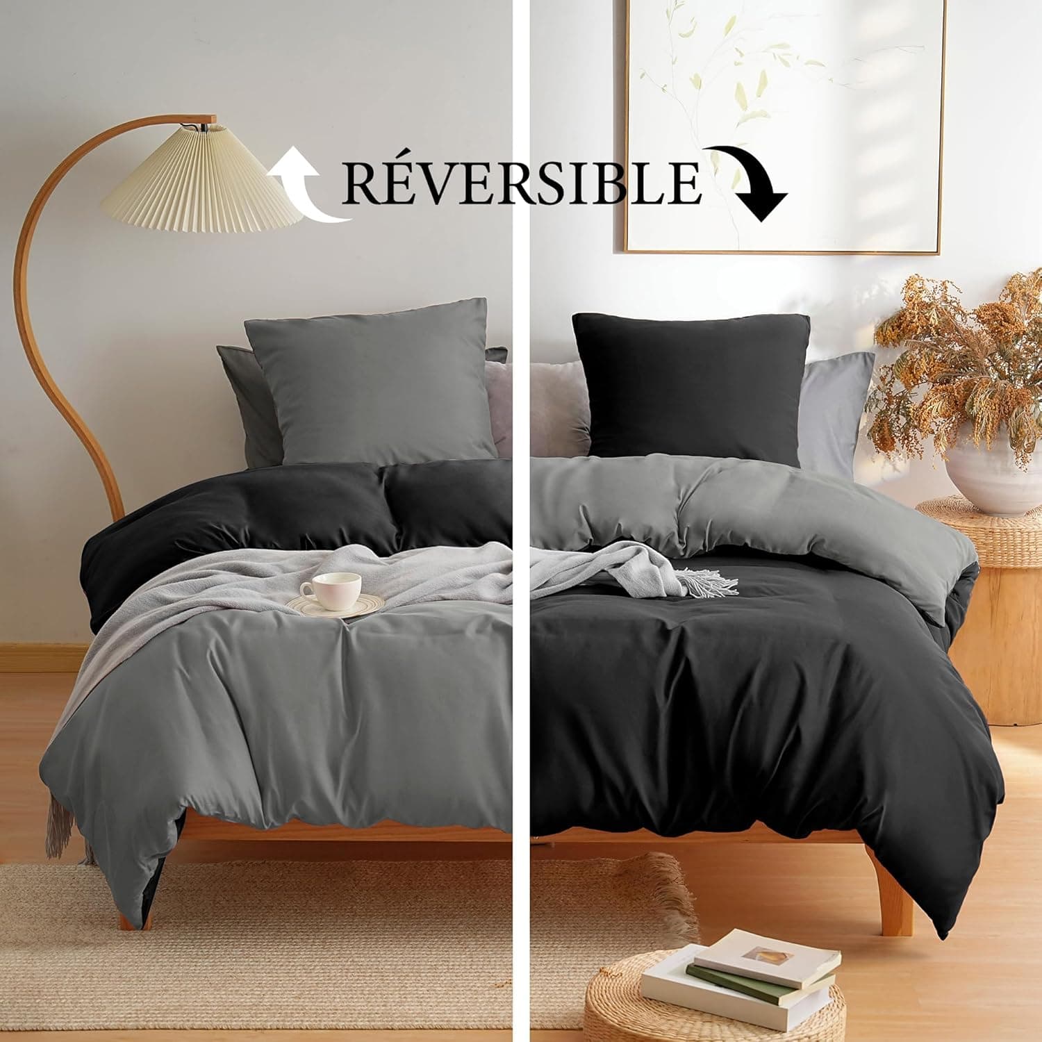 MOHAP Parure de Lit Réversible avec Fermeture éclair Microfibre 240x260 cm Noir + Gris Foncé et 2 Taies d'oreiller 65x65 cm Housse de Couette Adulte 2