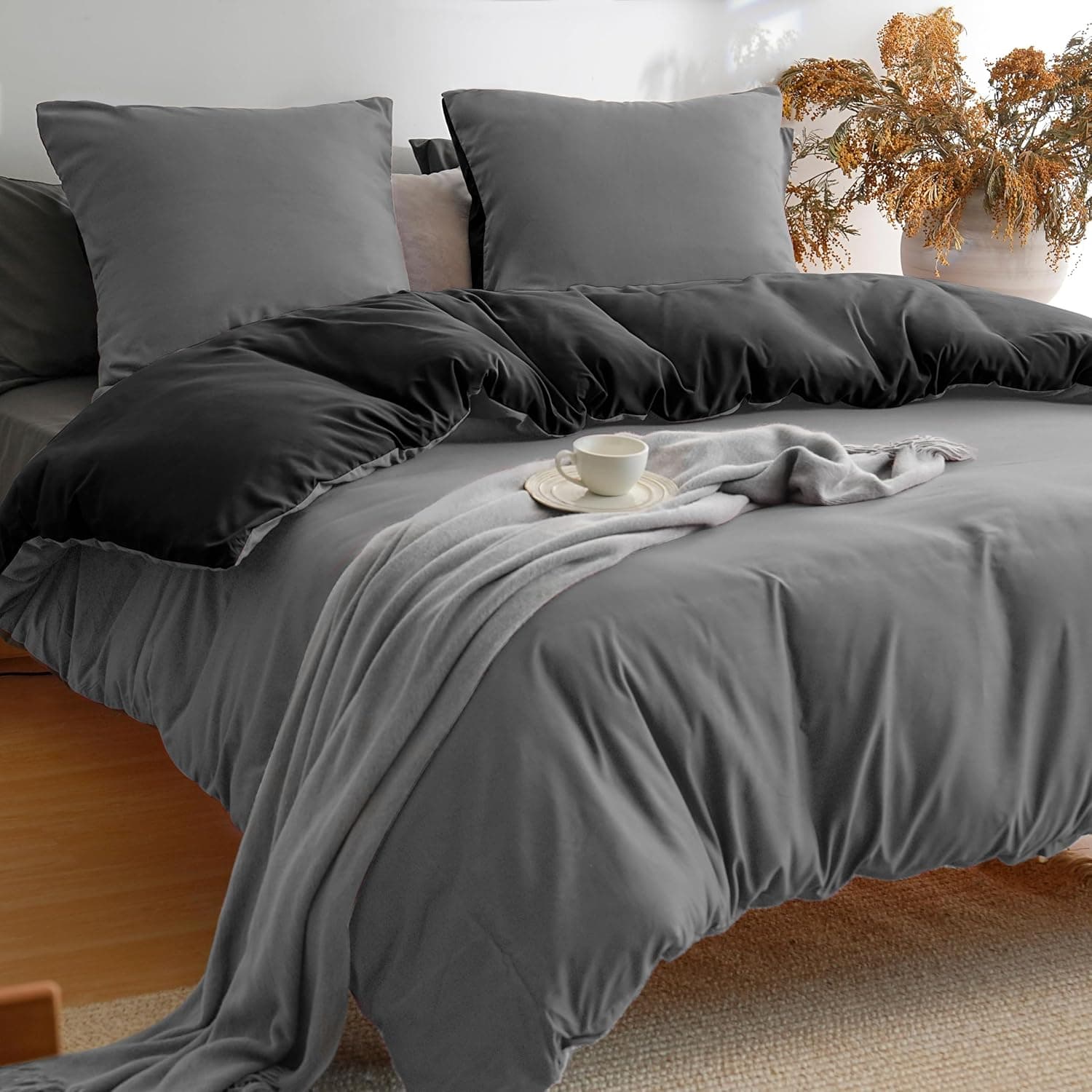 MOHAP Parure de Lit Réversible avec Fermeture éclair Microfibre 240x260 cm Noir + Gris Foncé et 2 Taies d'oreiller 65x65 cm Housse de Couette Adulte 3