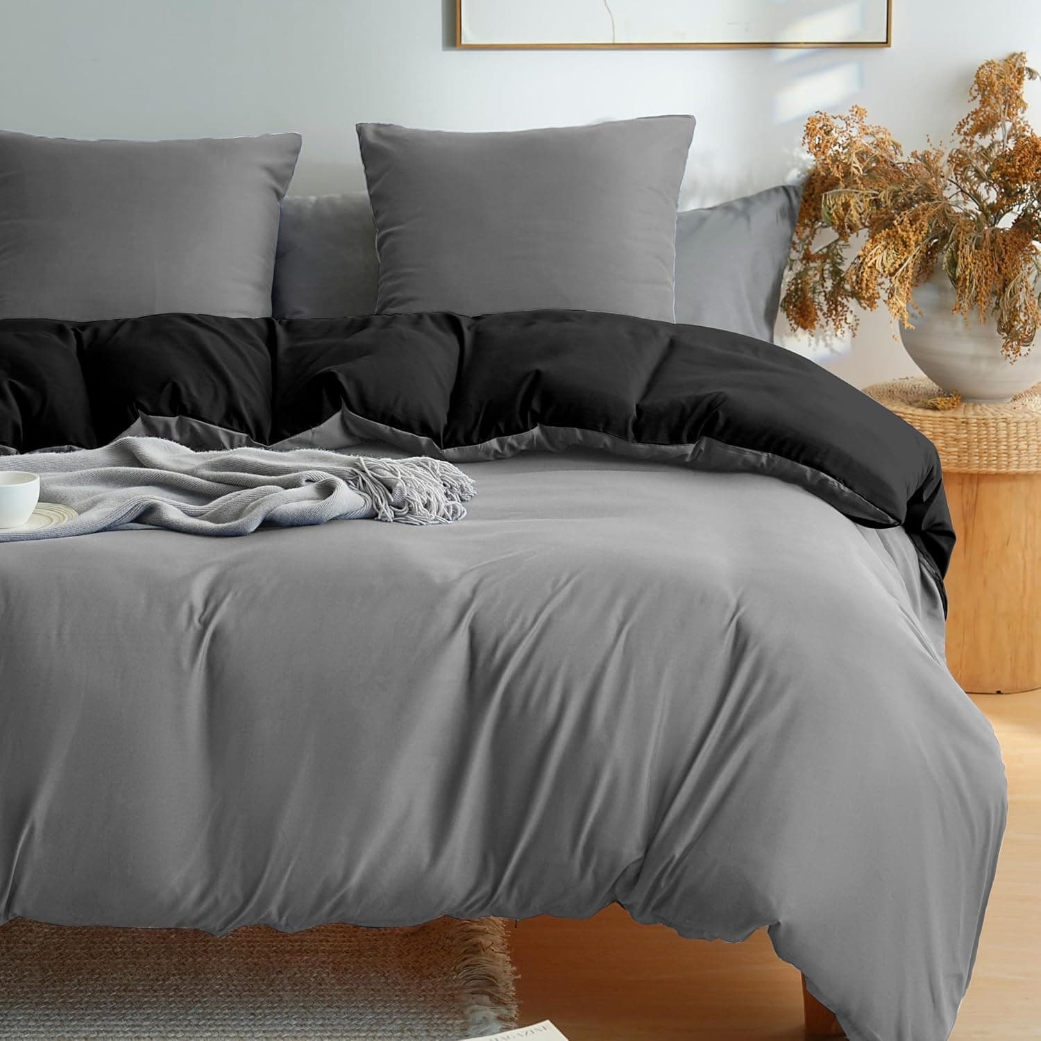 MOHAP Parure de Lit Réversible avec Fermeture éclair Microfibre 240x260 cm Noir + Gris Foncé et 2 Taies d'oreiller 65x65 cm Housse de Couette Adulte 4