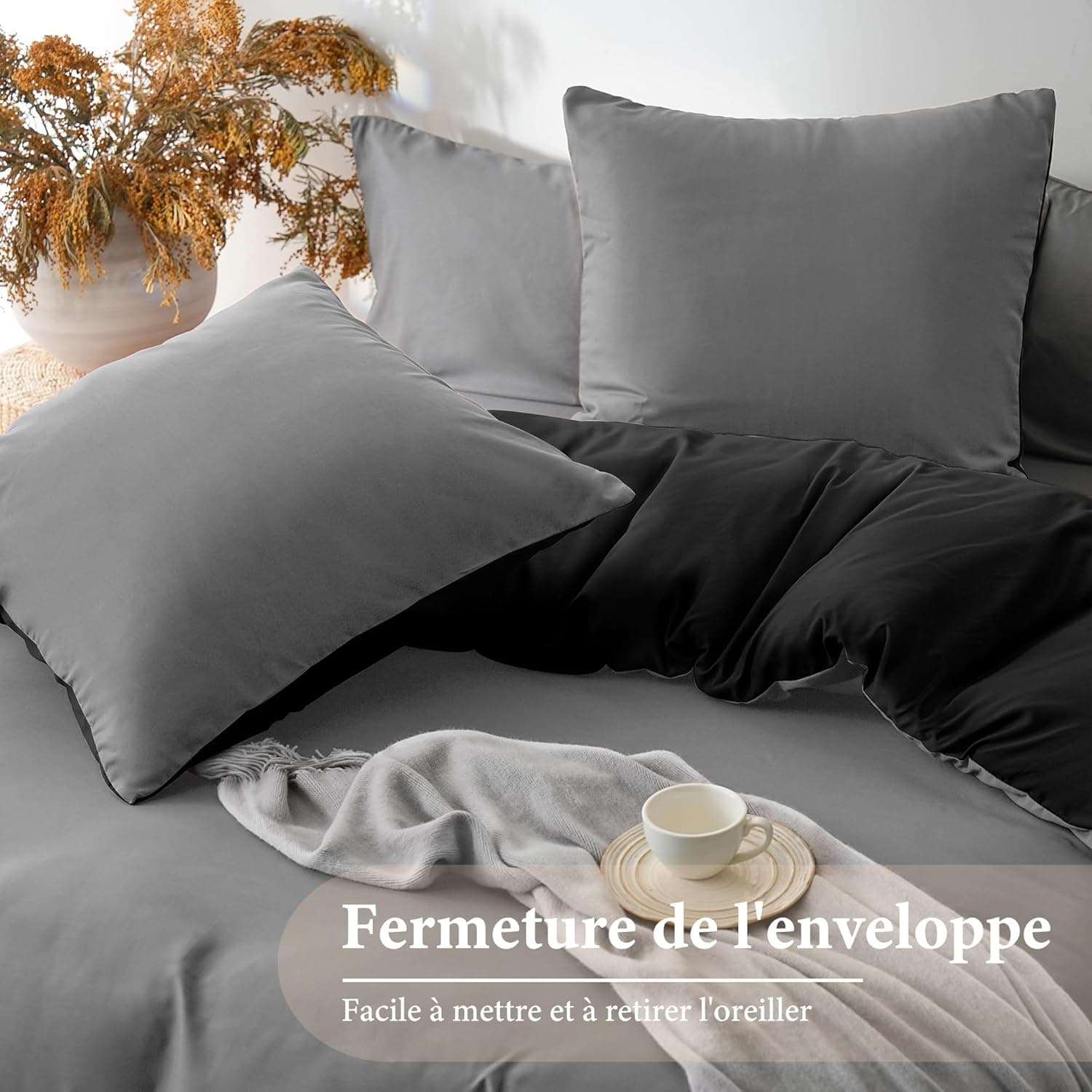 MOHAP Parure de Lit Réversible avec Fermeture éclair Microfibre 240x260 cm Noir + Gris Foncé et 2 Taies d'oreiller 65x65 cm Housse de Couette Adulte 5