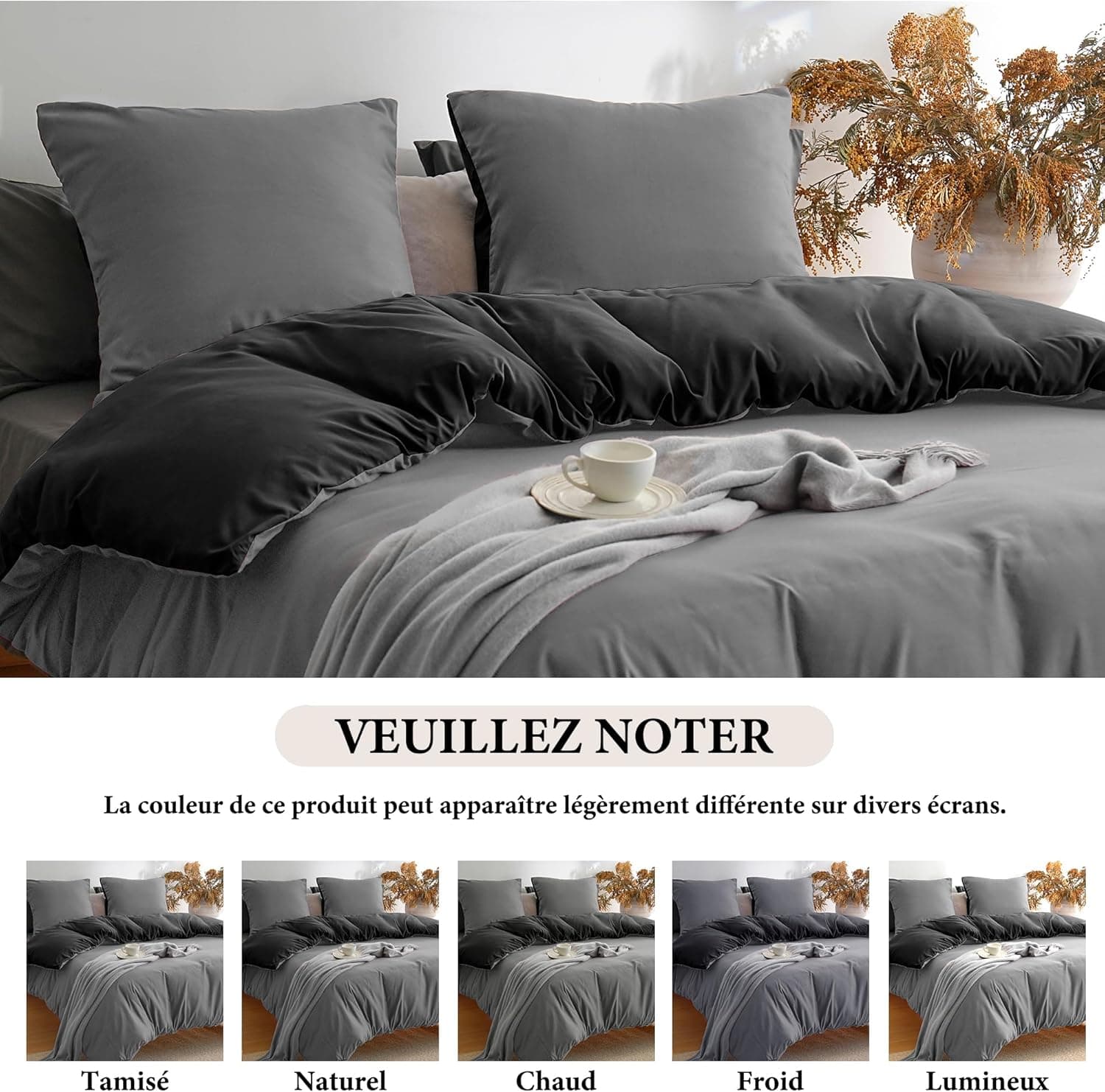 MOHAP Parure de Lit Réversible avec Fermeture éclair Microfibre 240x260 cm Noir + Gris Foncé et 2 Taies d'oreiller 65x65 cm Housse de Couette Adulte 6