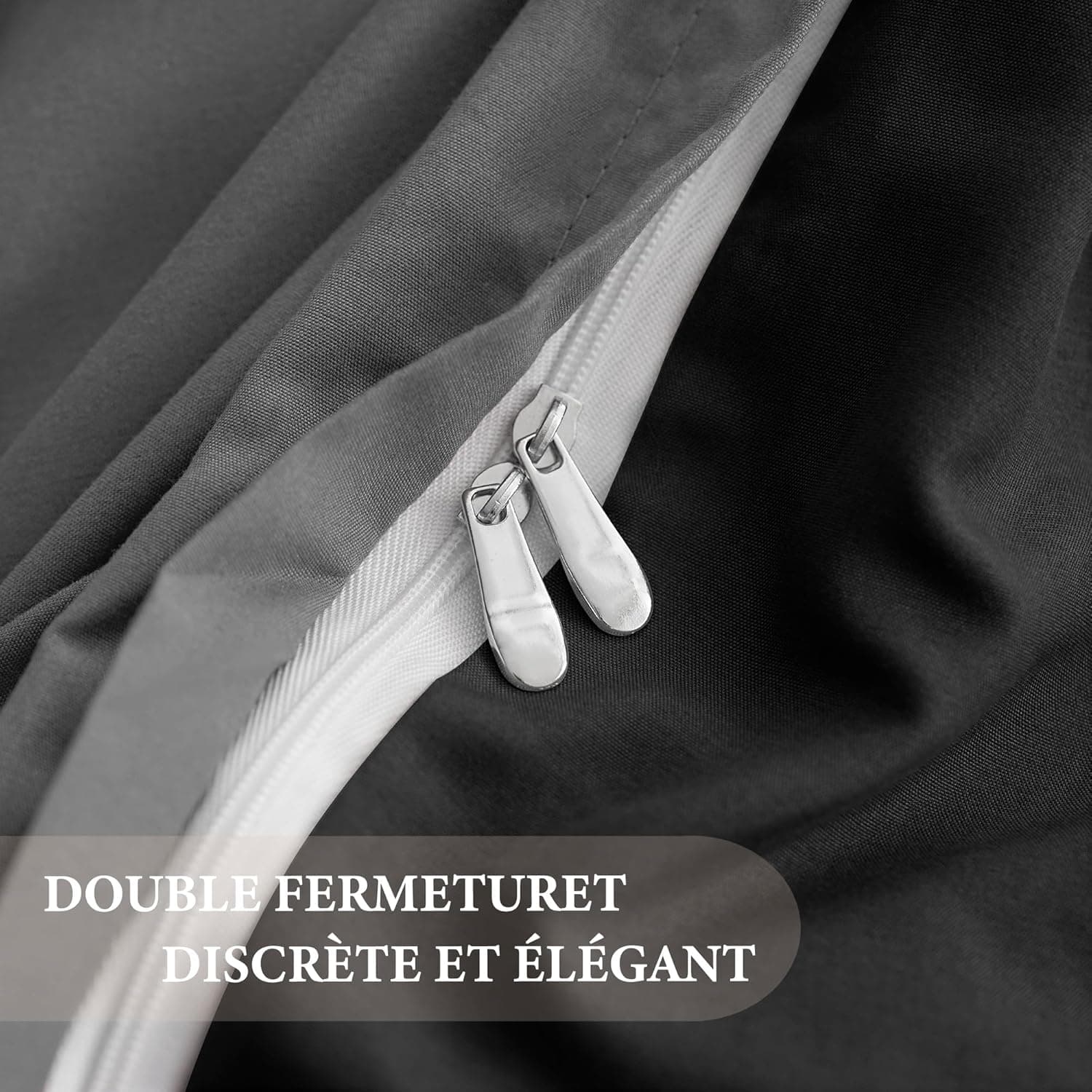 MOHAP Parure de Lit Réversible avec Fermeture éclair Microfibre 240x260 cm Noir + Gris Foncé et 2 Taies d'oreiller 65x65 cm Housse de Couette Adulte 7