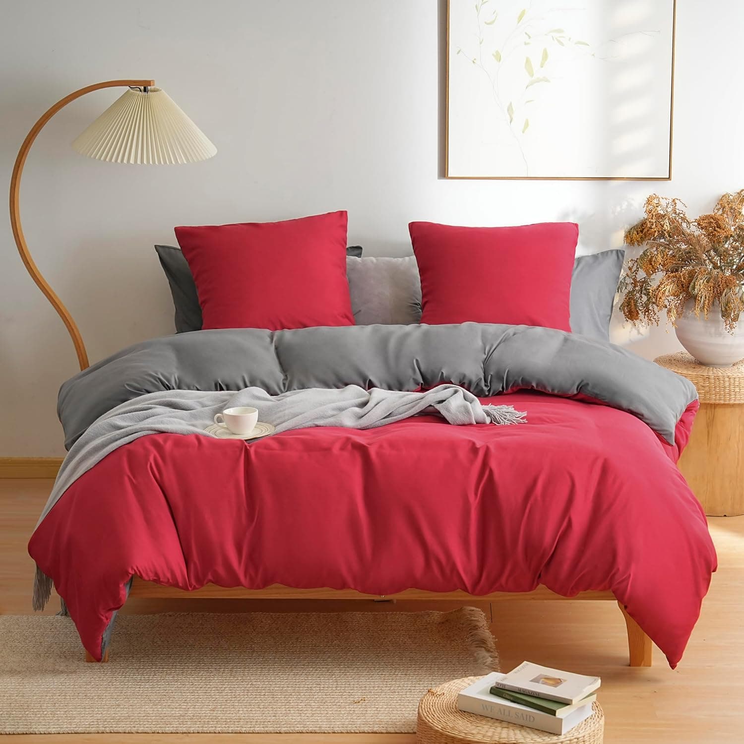 MOHAP Parure de Lit Réversible avec Fermeture éclair Microfibre 200x200 cm Rouge + Gris Foncé et 2 Taies d'oreiller 65x65 cm Housse de Couette Adulte