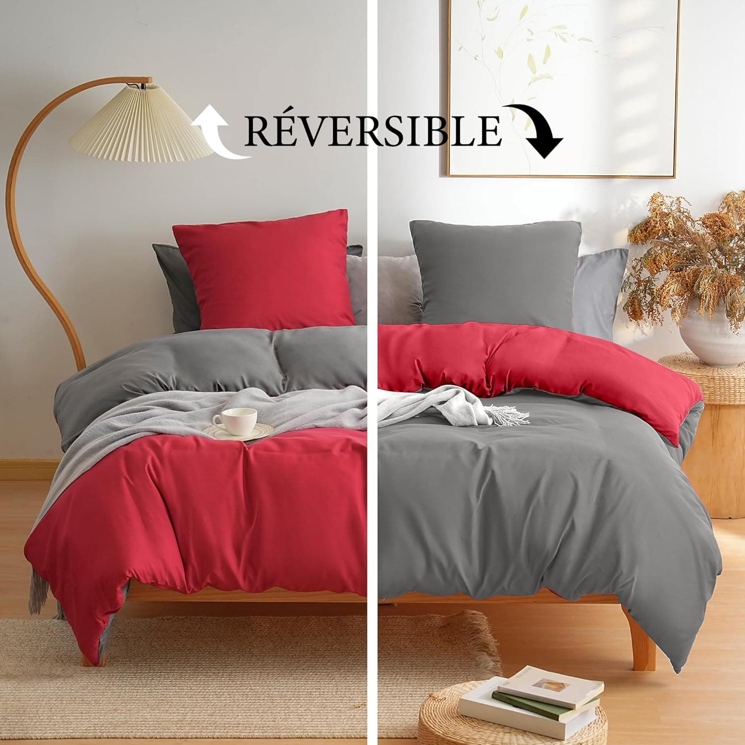 MOHAP Parure de Lit Réversible avec Fermeture éclair Microfibre 200x200 cm Rouge + Gris Foncé et 2 Taies d'oreiller 65x65 cm Housse de Couette Adulte 2