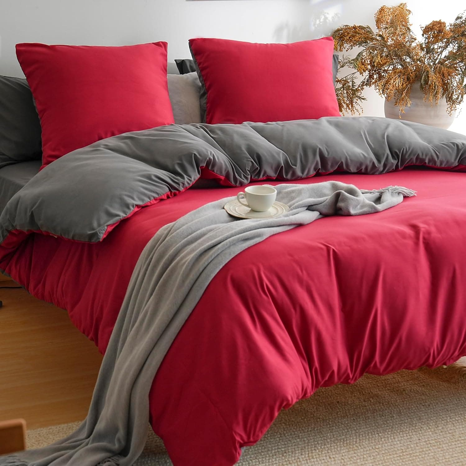 MOHAP Parure de Lit Réversible avec Fermeture éclair Microfibre 200x200 cm Rouge + Gris Foncé et 2 Taies d'oreiller 65x65 cm Housse de Couette Adulte 3
