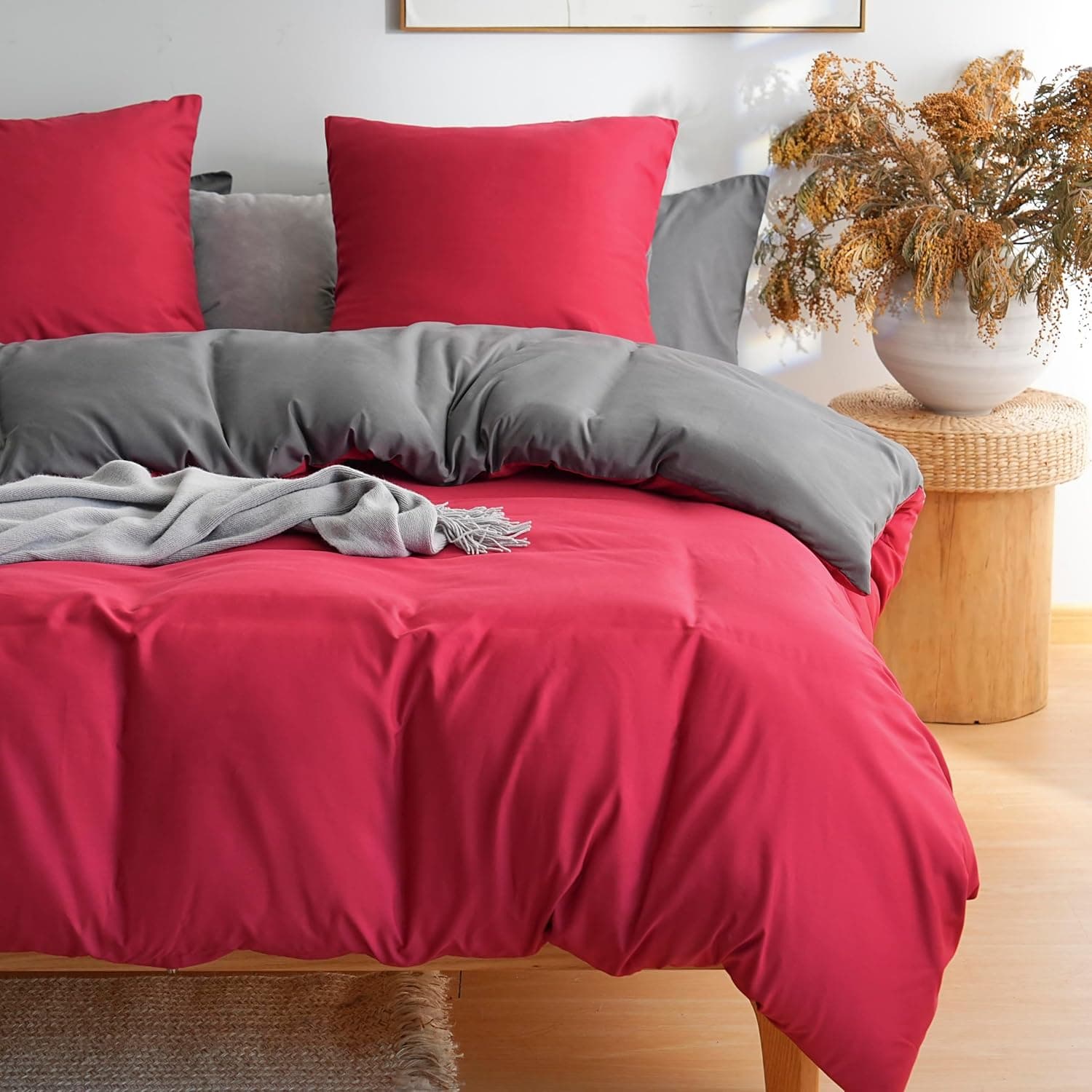 MOHAP Parure de Lit Réversible avec Fermeture éclair Microfibre 200x200 cm Rouge + Gris Foncé et 2 Taies d'oreiller 65x65 cm Housse de Couette Adulte 4