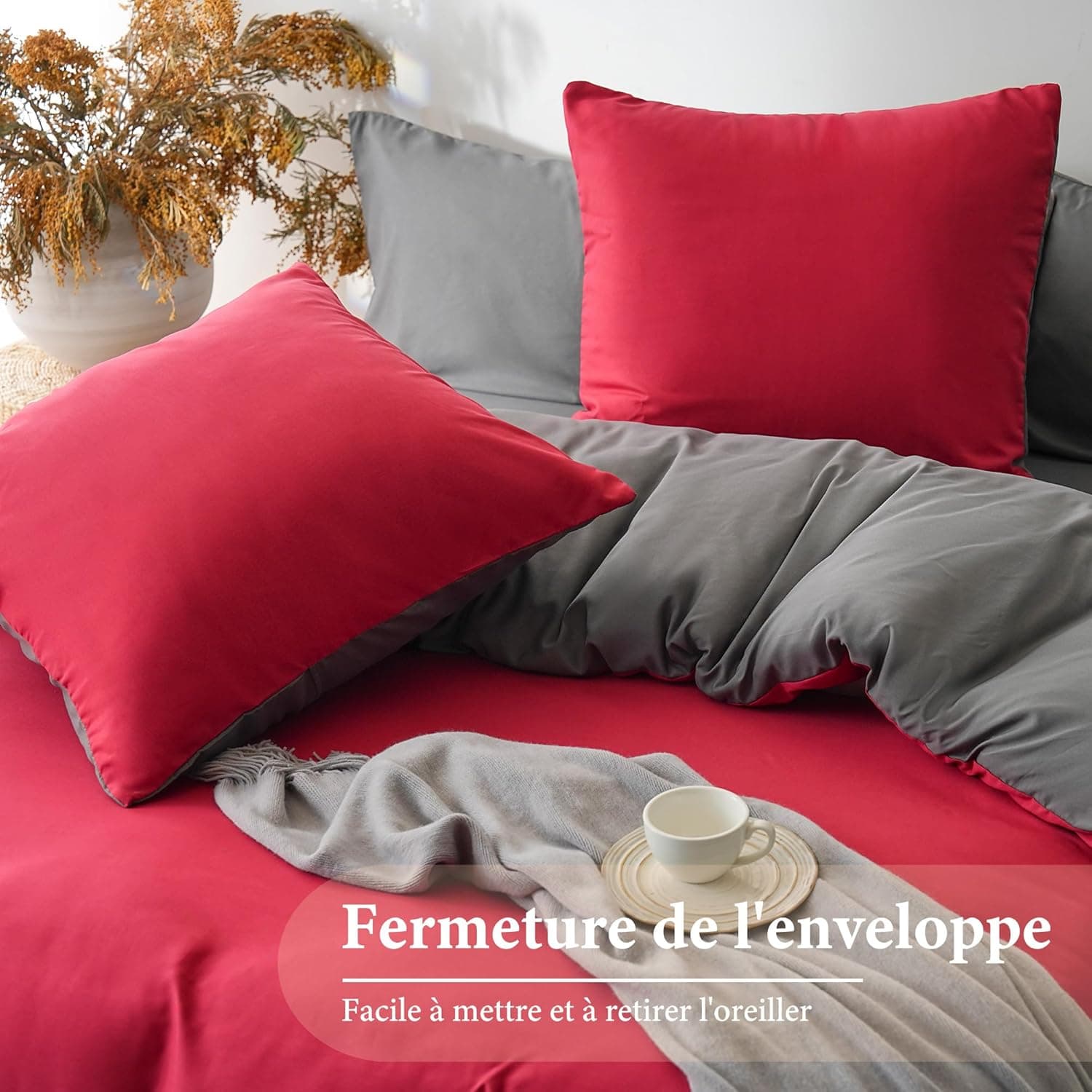 MOHAP Parure de Lit Réversible avec Fermeture éclair Microfibre 200x200 cm Rouge + Gris Foncé et 2 Taies d'oreiller 65x65 cm Housse de Couette Adulte 5