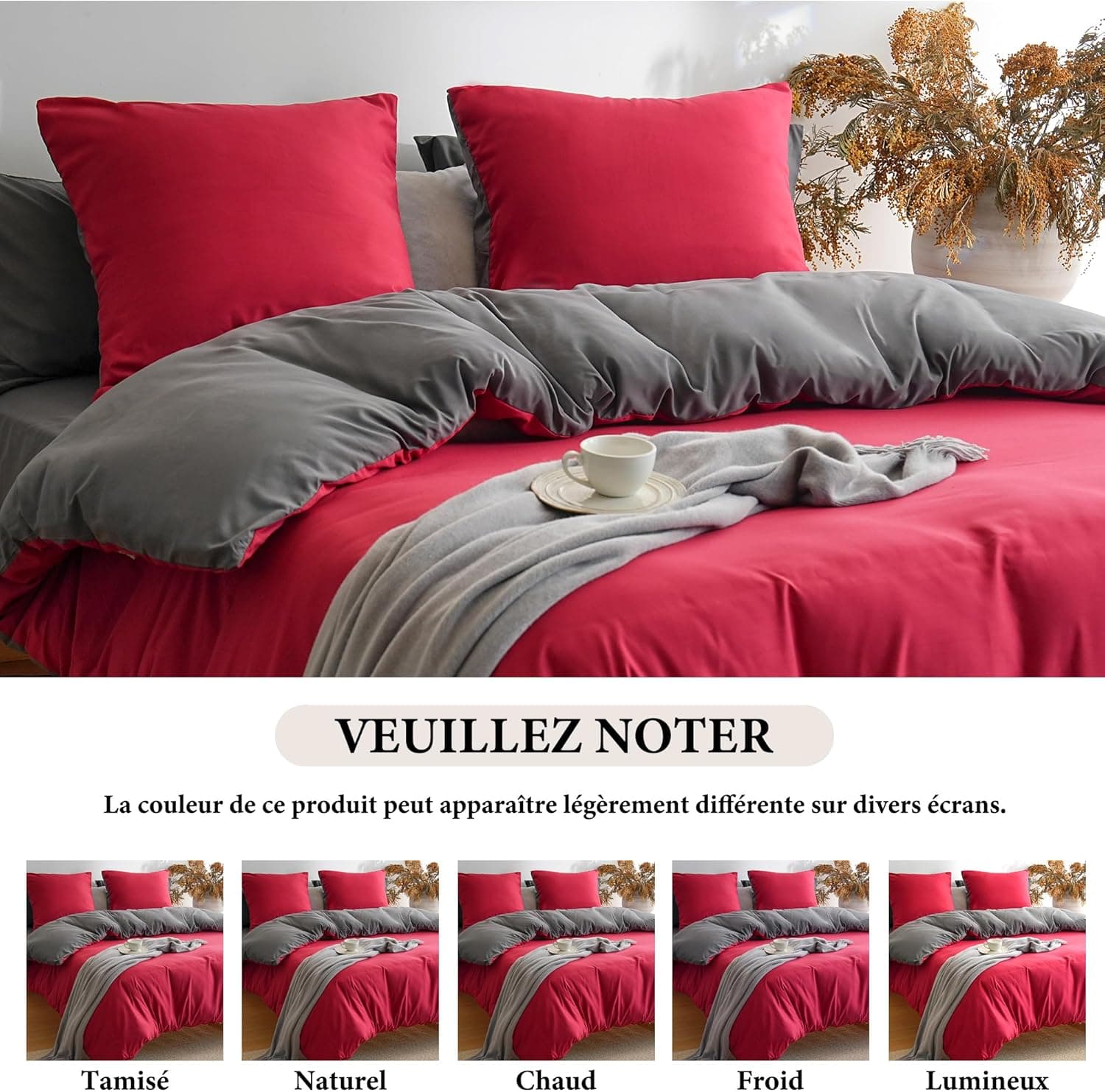 MOHAP Parure de Lit Réversible avec Fermeture éclair Microfibre 200x200 cm Rouge + Gris Foncé et 2 Taies d'oreiller 65x65 cm Housse de Couette Adulte 6
