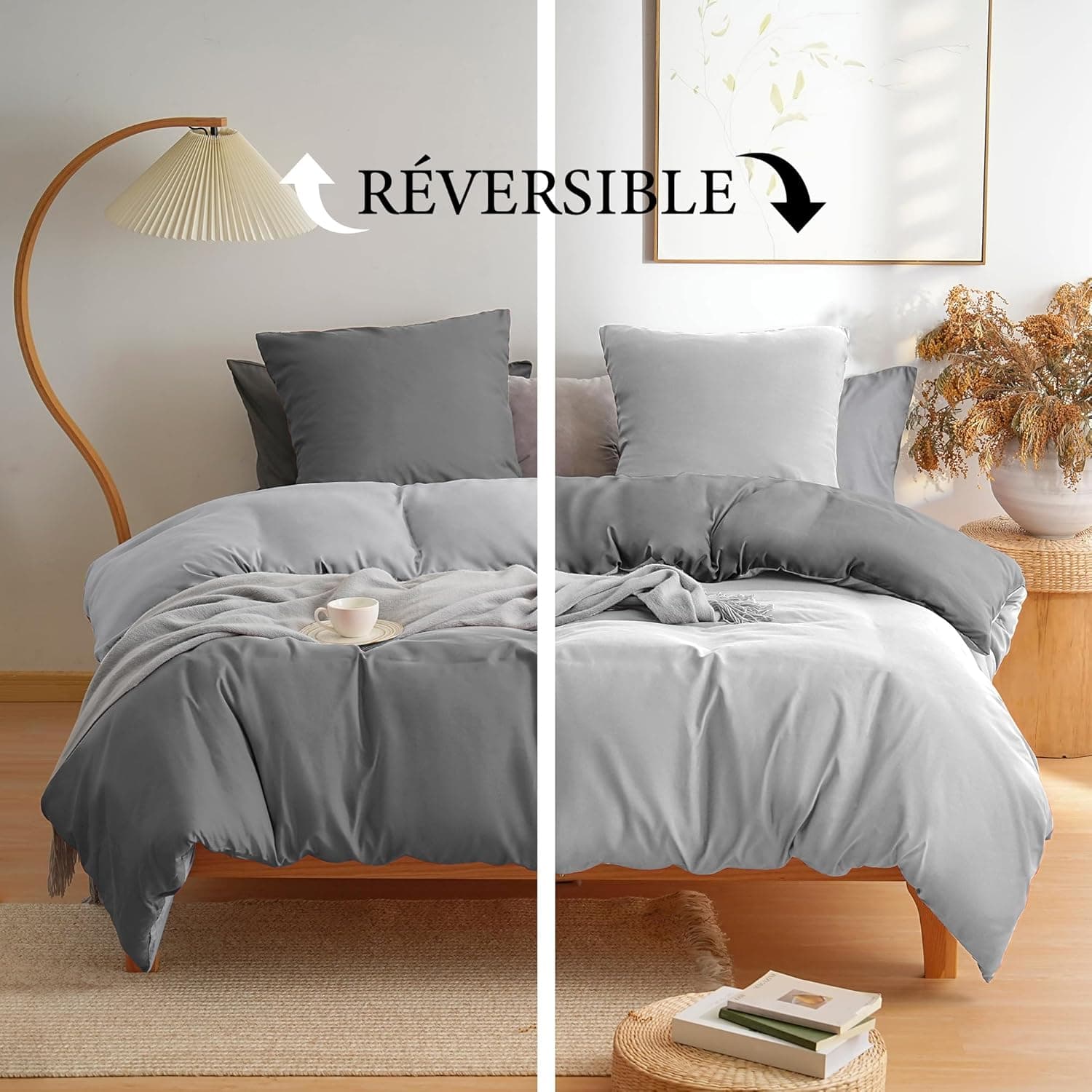 MOHAP Parure de Lit Réversible avec Fermeture éclair Microfibre 220x240 cm Gris Foncé + Gris et 2 Taies d'oreiller 65x65 cm Housse de Couette Adulte 2