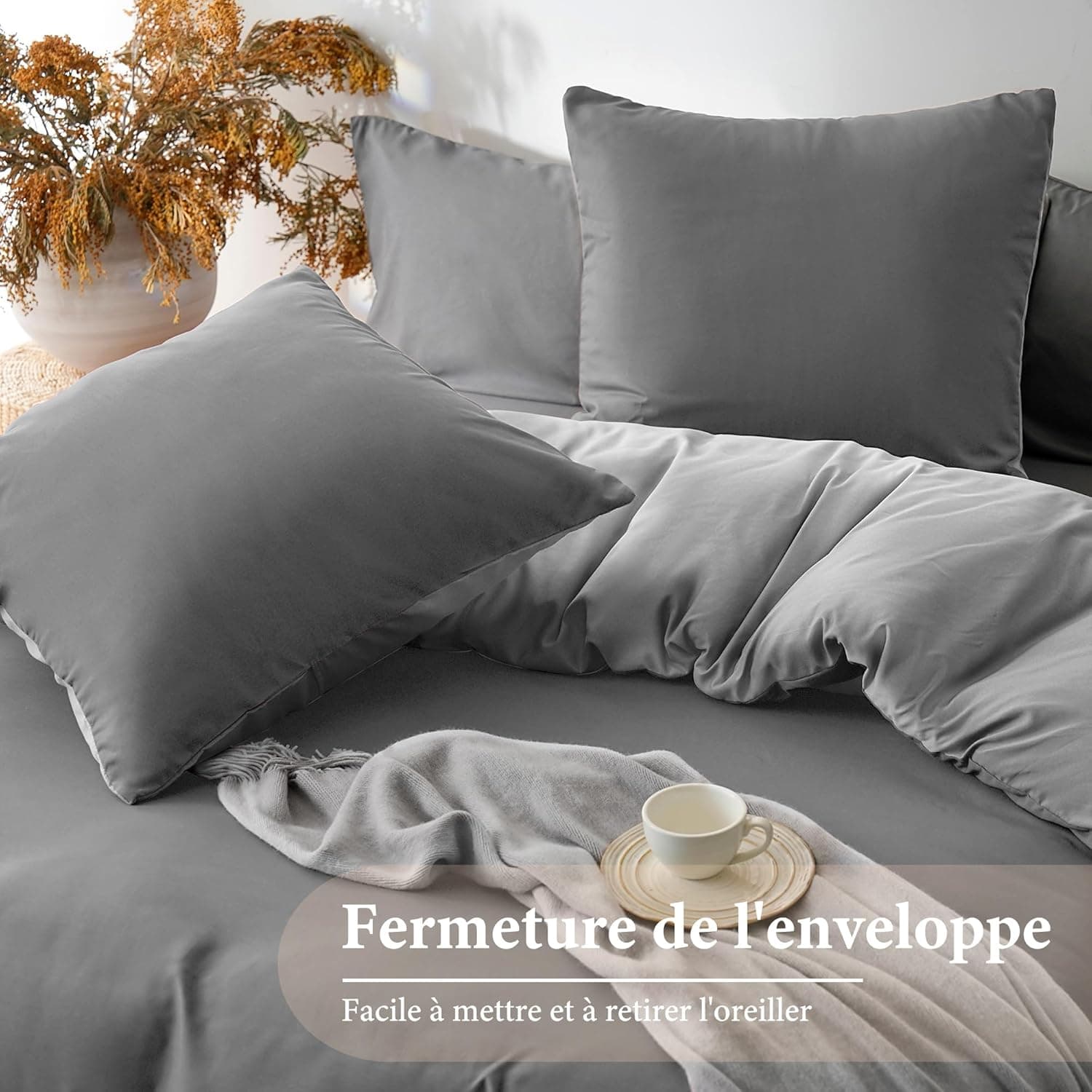 MOHAP Parure de Lit Réversible avec Fermeture éclair Microfibre 220x240 cm Gris Foncé + Gris et 2 Taies d'oreiller 65x65 cm Housse de Couette Adulte 5