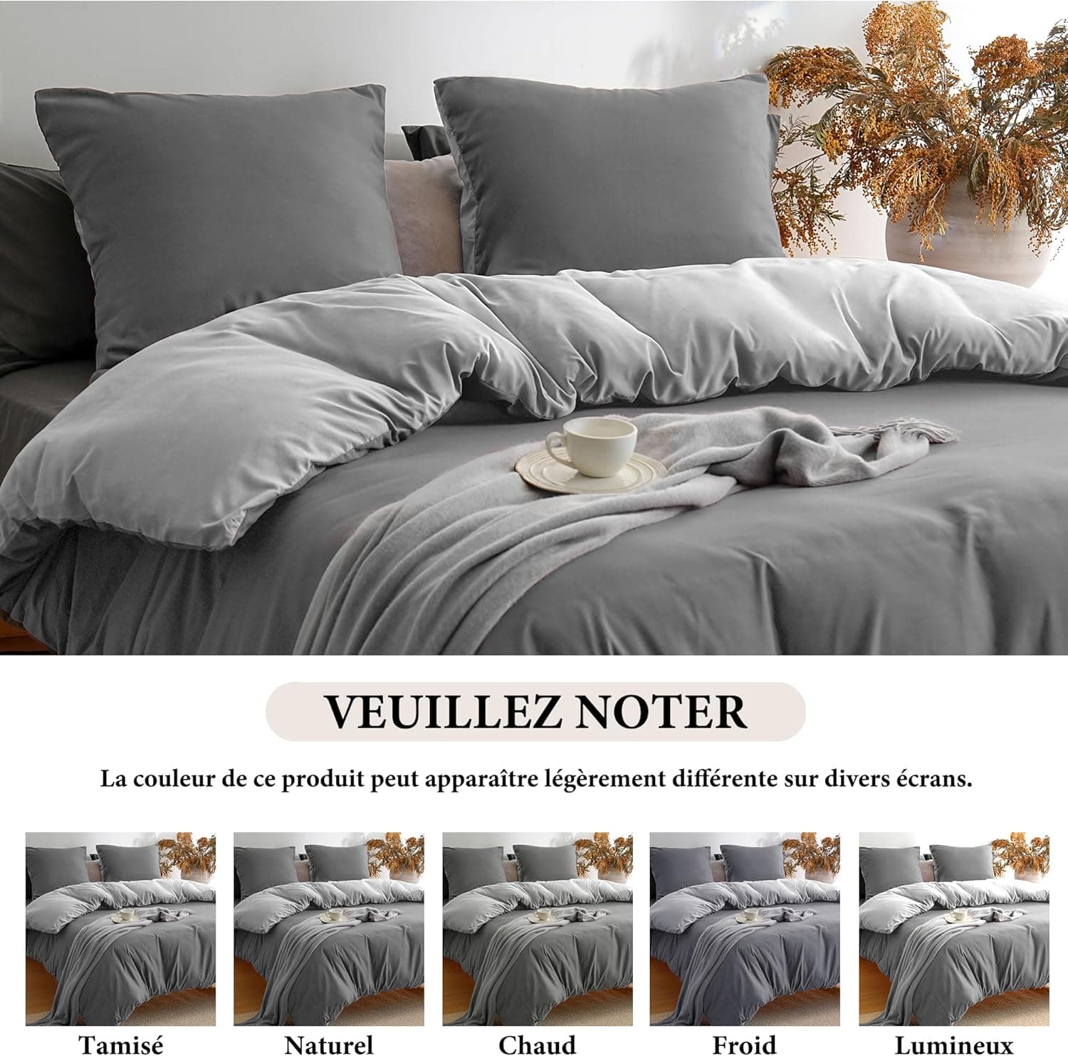 MOHAP Parure de Lit Réversible avec Fermeture éclair Microfibre 220x240 cm Gris Foncé + Gris et 2 Taies d'oreiller 65x65 cm Housse de Couette Adulte 6