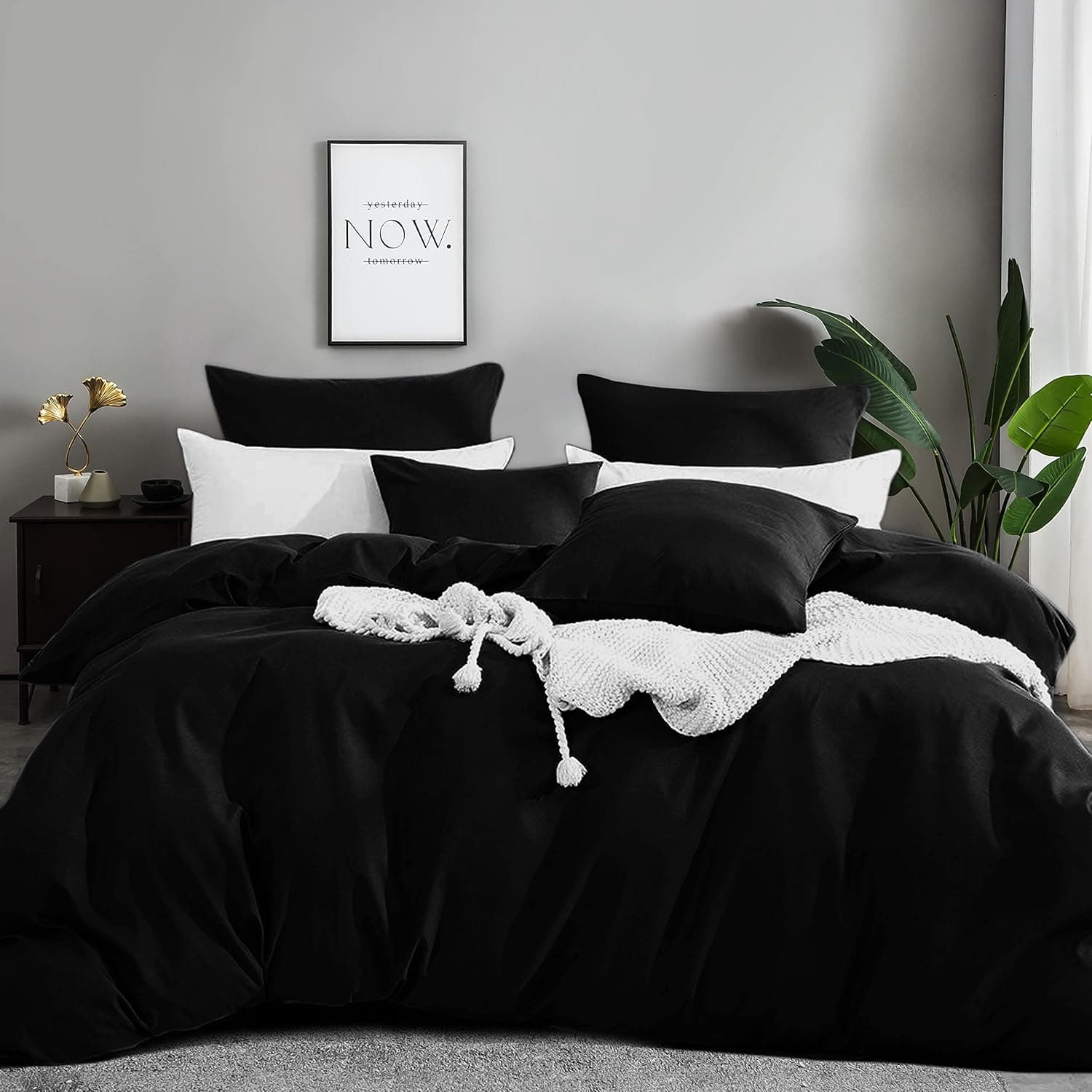 MOHAP Parure de Lit 4 Pièces Housse de Couette 220x240cm + Drap Housse 140x190/200cm avec 2 taies d'oreillers 65x65cm Noir pour 2 Personnes Parure 100 Fils/cm² en Microfibre