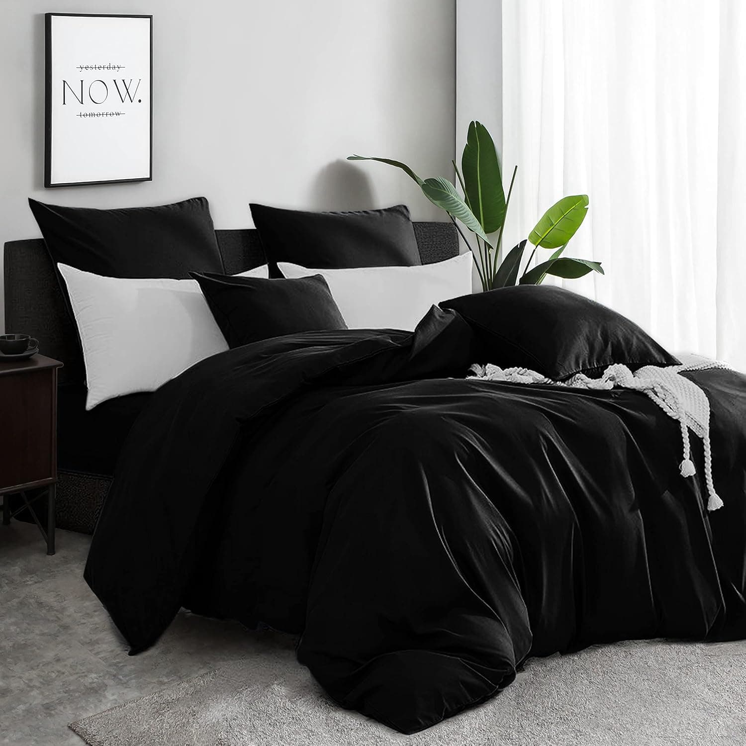 MOHAP Parure de Lit 4 Pièces Housse de Couette 240x260cm + Drap Housse 180x200cm avec 2 taies d'oreillers 65x65cm Noir pour 2 Personnes Parure 100 Fils/cm² en Microfibre 3