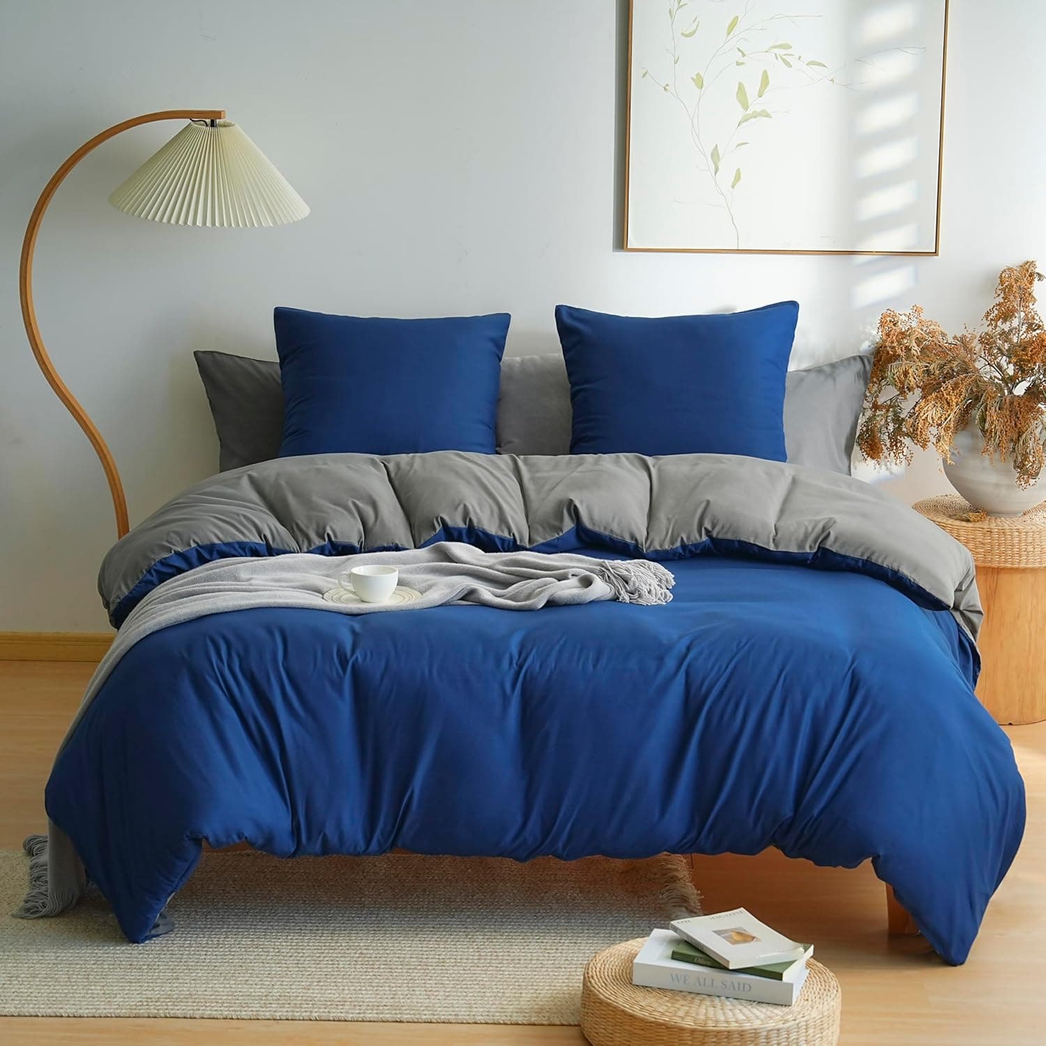 MOHAP Parure de Lit Réversible avec Fermeture éclair Microfibre 200x200 cm Bleu + Gris Foncé et 2 Taies d'oreiller 65x65 cm Housse de Couette Adulte