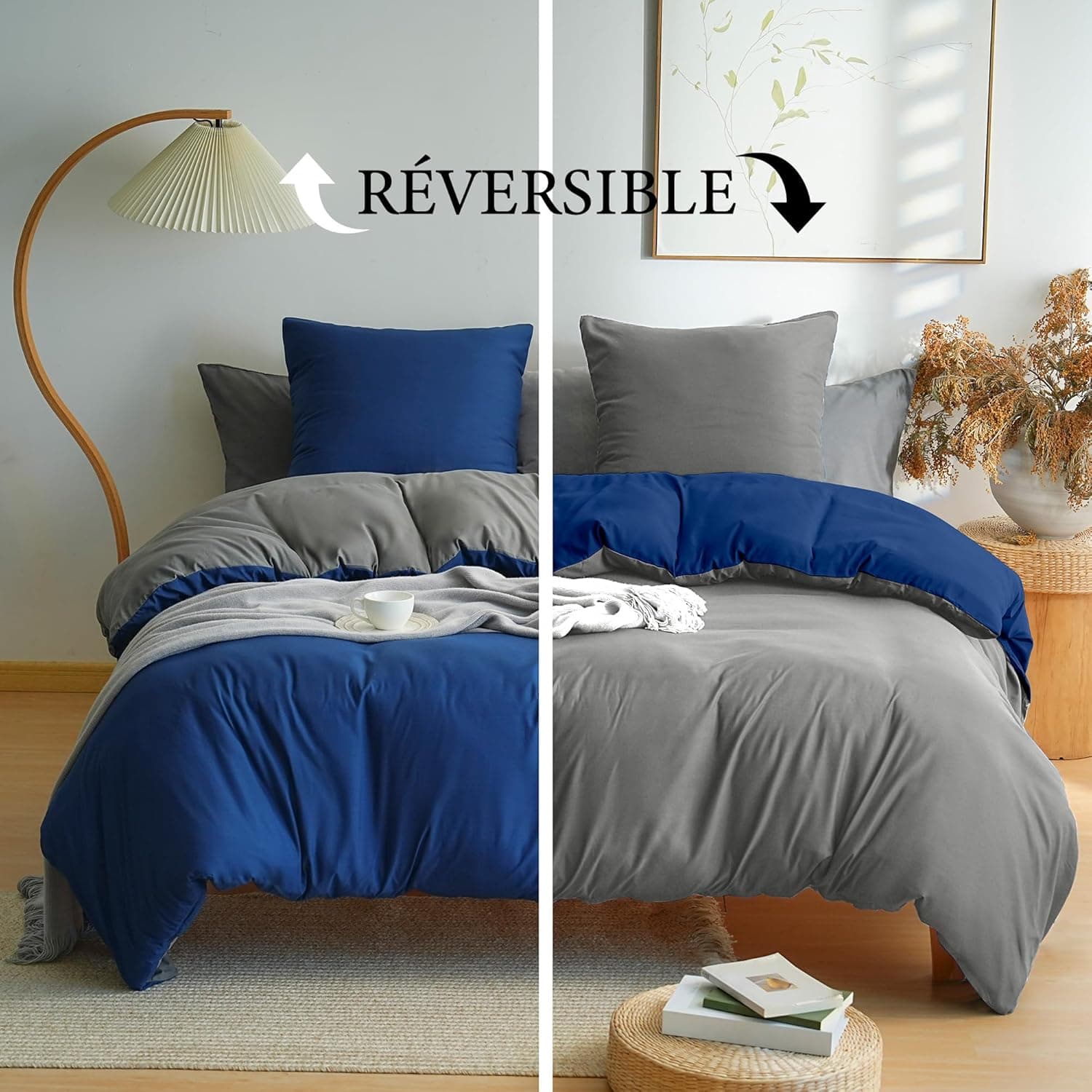 MOHAP Parure de Lit Réversible avec Fermeture éclair Microfibre 200x200 cm Bleu + Gris Foncé et 2 Taies d'oreiller 65x65 cm Housse de Couette Adulte 2