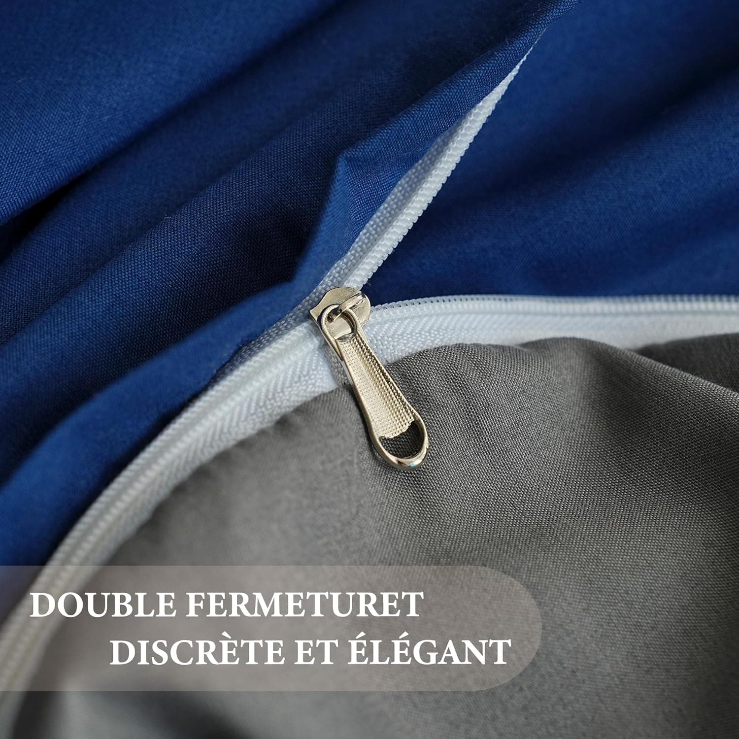 MOHAP Parure de Lit Réversible avec Fermeture éclair Microfibre 200x200 cm Bleu + Gris Foncé et 2 Taies d'oreiller 65x65 cm Housse de Couette Adulte 7