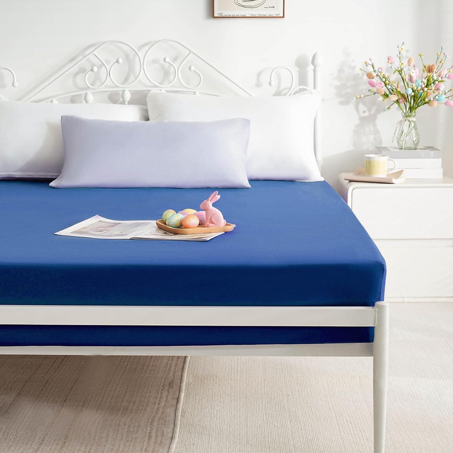 AYASW Fitted Sheet Only Full Size Deep Pocket 16 inch Soft Bed Bottom Sheet 1 Piece 1800 Brushed Microfiber Wrinkle Fade Resistant Breathable Easy Care Blue Stable Holiday Décor 2