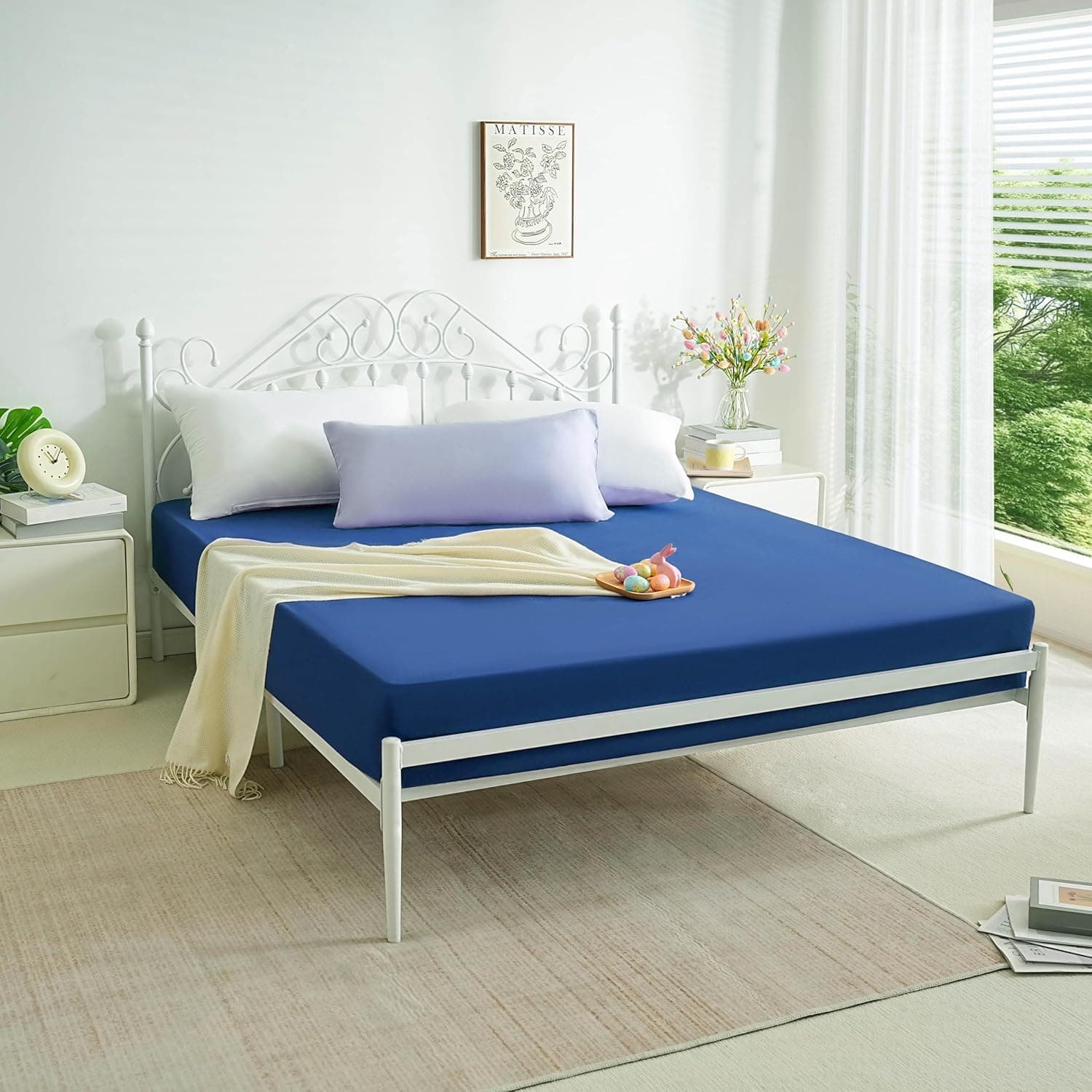 AYASW Fitted Sheet Only Full Size Deep Pocket 16 inch Soft Bed Bottom Sheet 1 Piece 1800 Brushed Microfiber Wrinkle Fade Resistant Breathable Easy Care Blue Stable Holiday Décor 3