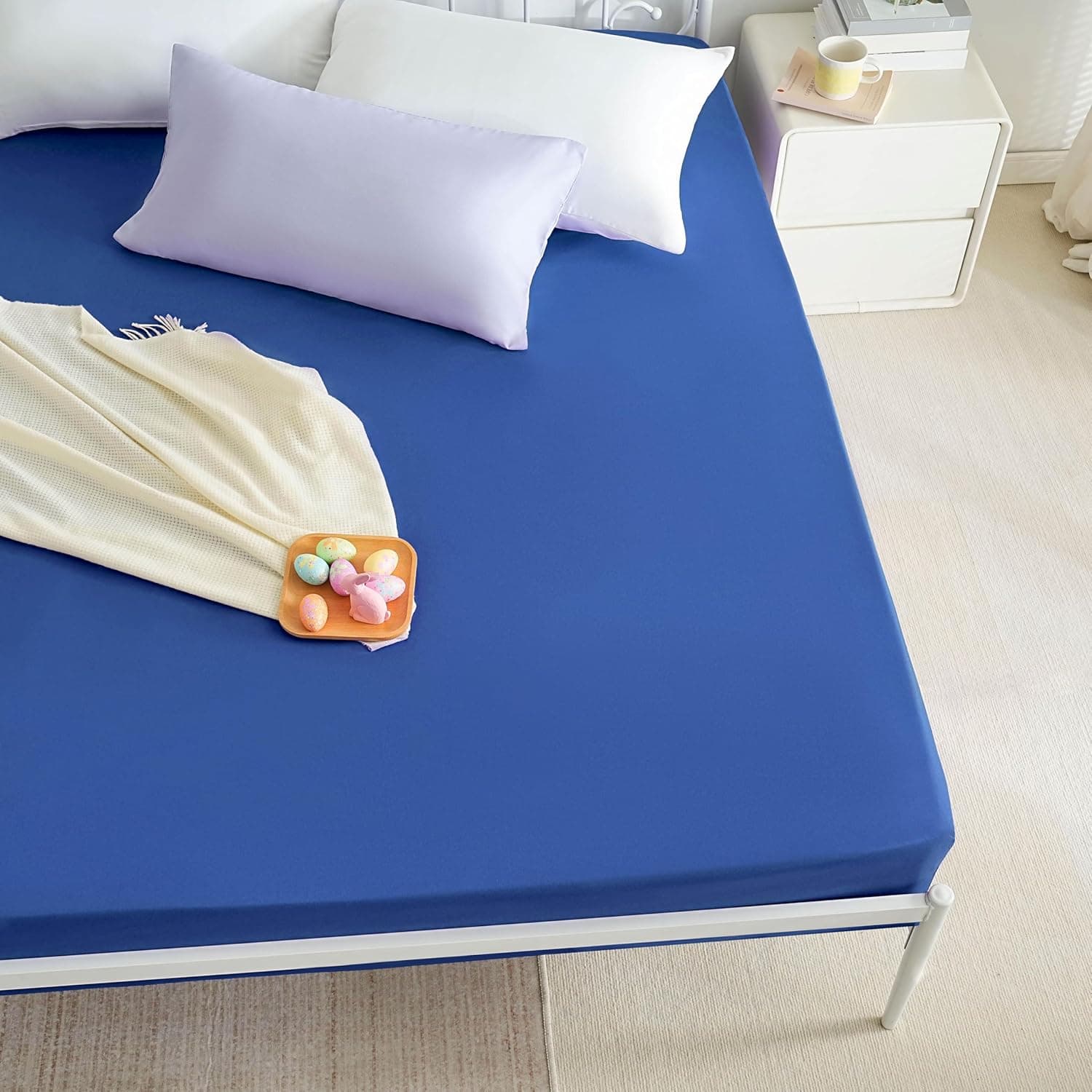 AYASW Fitted Sheet Only Full Size Deep Pocket 16 inch Soft Bed Bottom Sheet 1 Piece 1800 Brushed Microfiber Wrinkle Fade Resistant Breathable Easy Care Blue Stable Holiday Décor 4