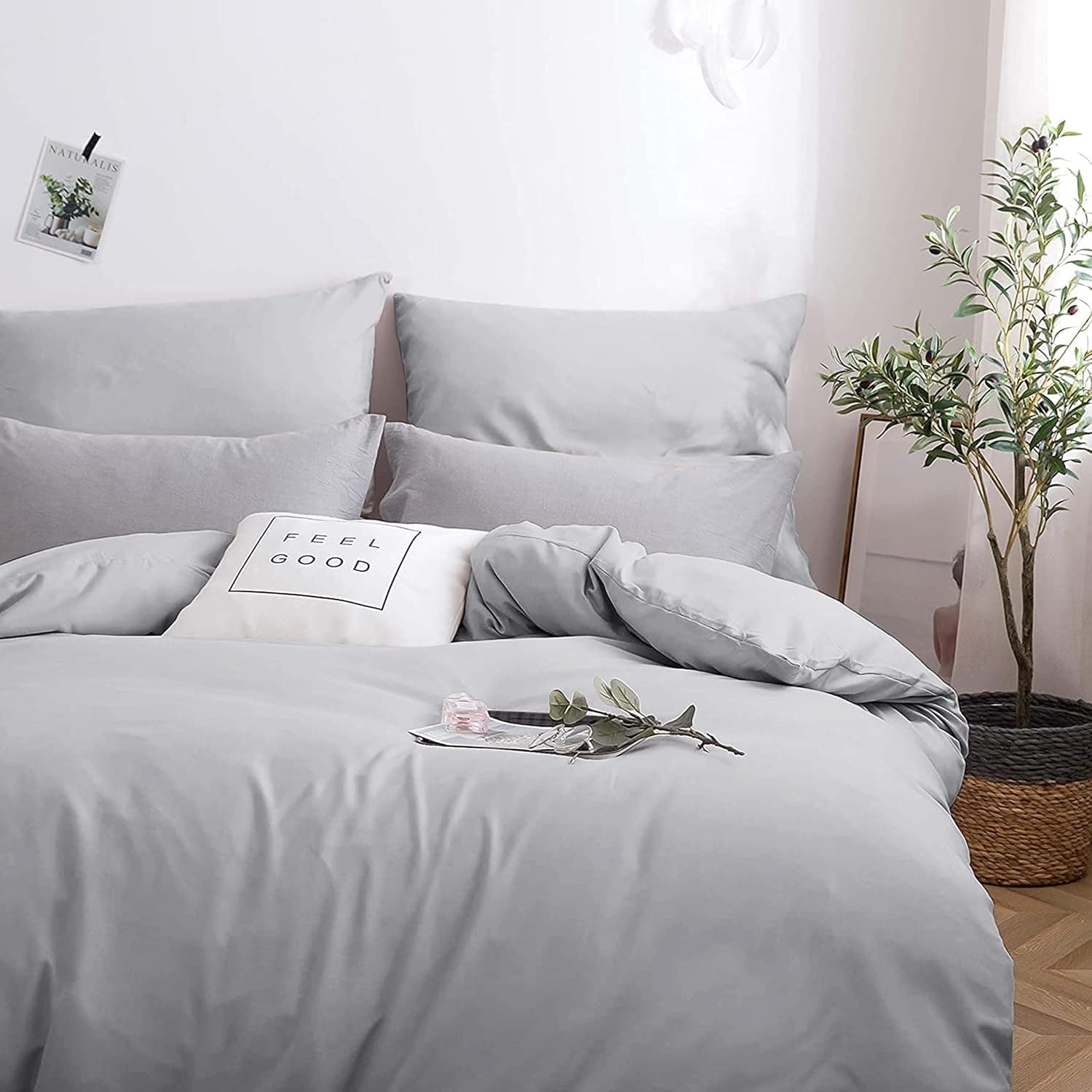 MOHAP Housse de Couette 240x260cm+2 Taies d'oreillers 65x65cm Gris Clair Parure de Lit Adulte 2 Personnes 100 Fils/cm² en Microfibre avec Fermeture Éclair 3