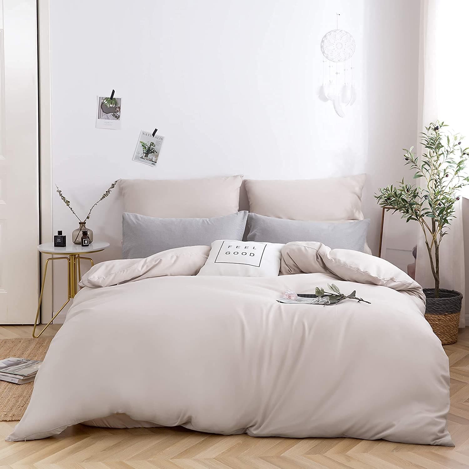 Parure de lit 4 pièces en microfibre brossée avec 2 housses de couette 135 x 200 cm et 2 taies d'oreiller 80 x 80 cm avec fermeture Éclair Beige