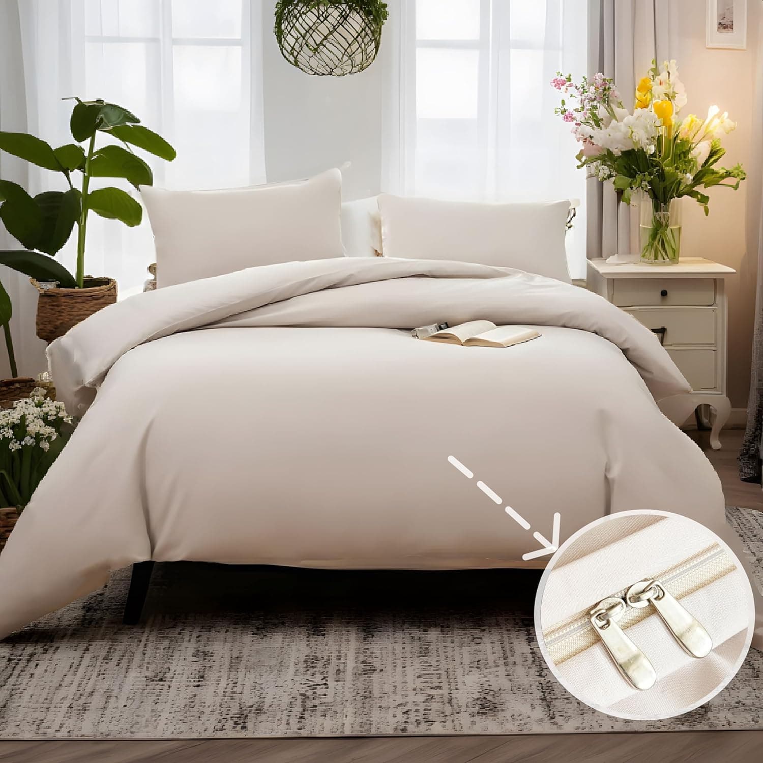 Parure de lit 4 pièces en microfibre brossée avec 2 housses de couette 135 x 200 cm et 2 taies d'oreiller 80 x 80 cm avec fermeture Éclair Beige 2