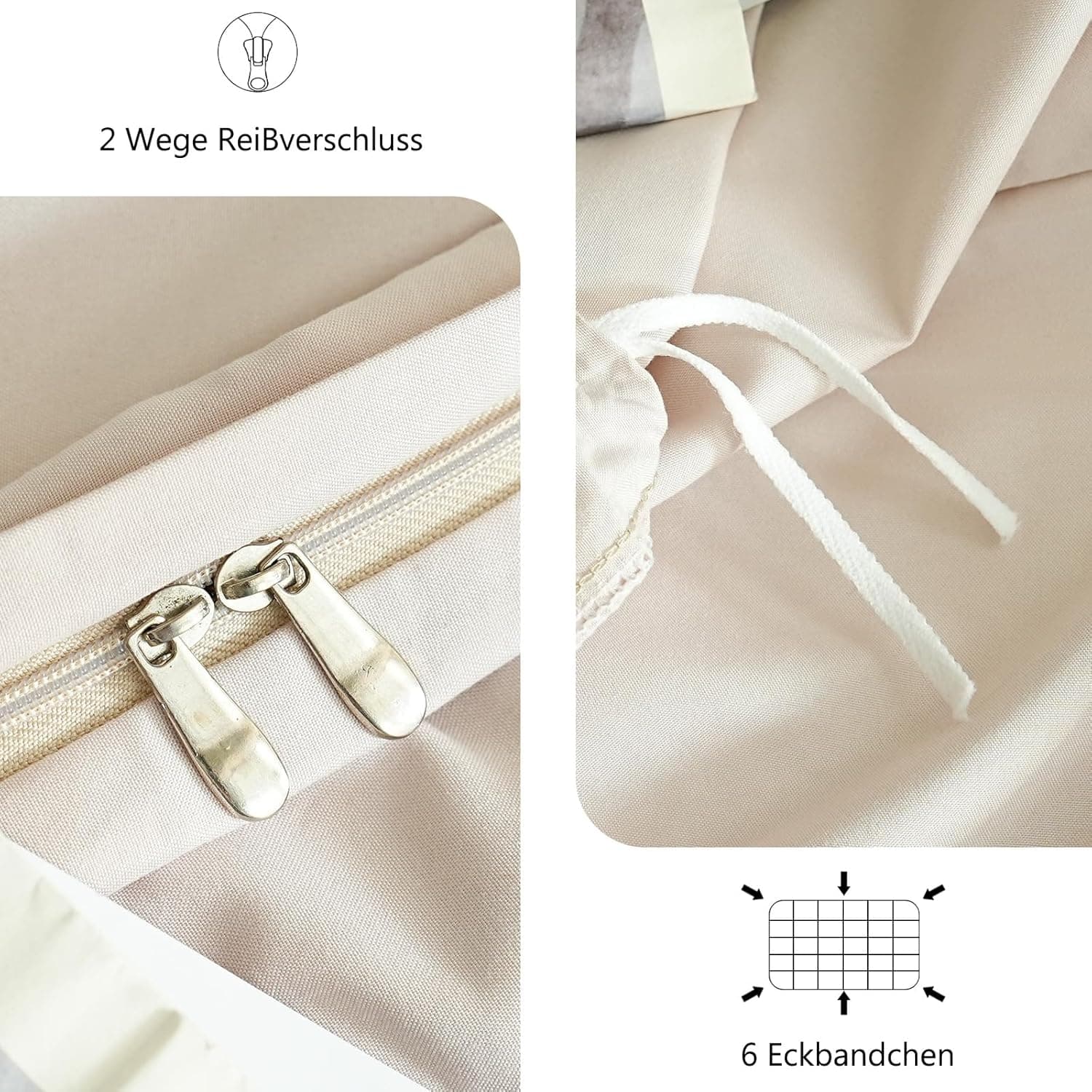 Parure de lit 4 pièces en microfibre brossée avec 2 housses de couette 135 x 200 cm et 2 taies d'oreiller 80 x 80 cm avec fermeture Éclair Beige 3