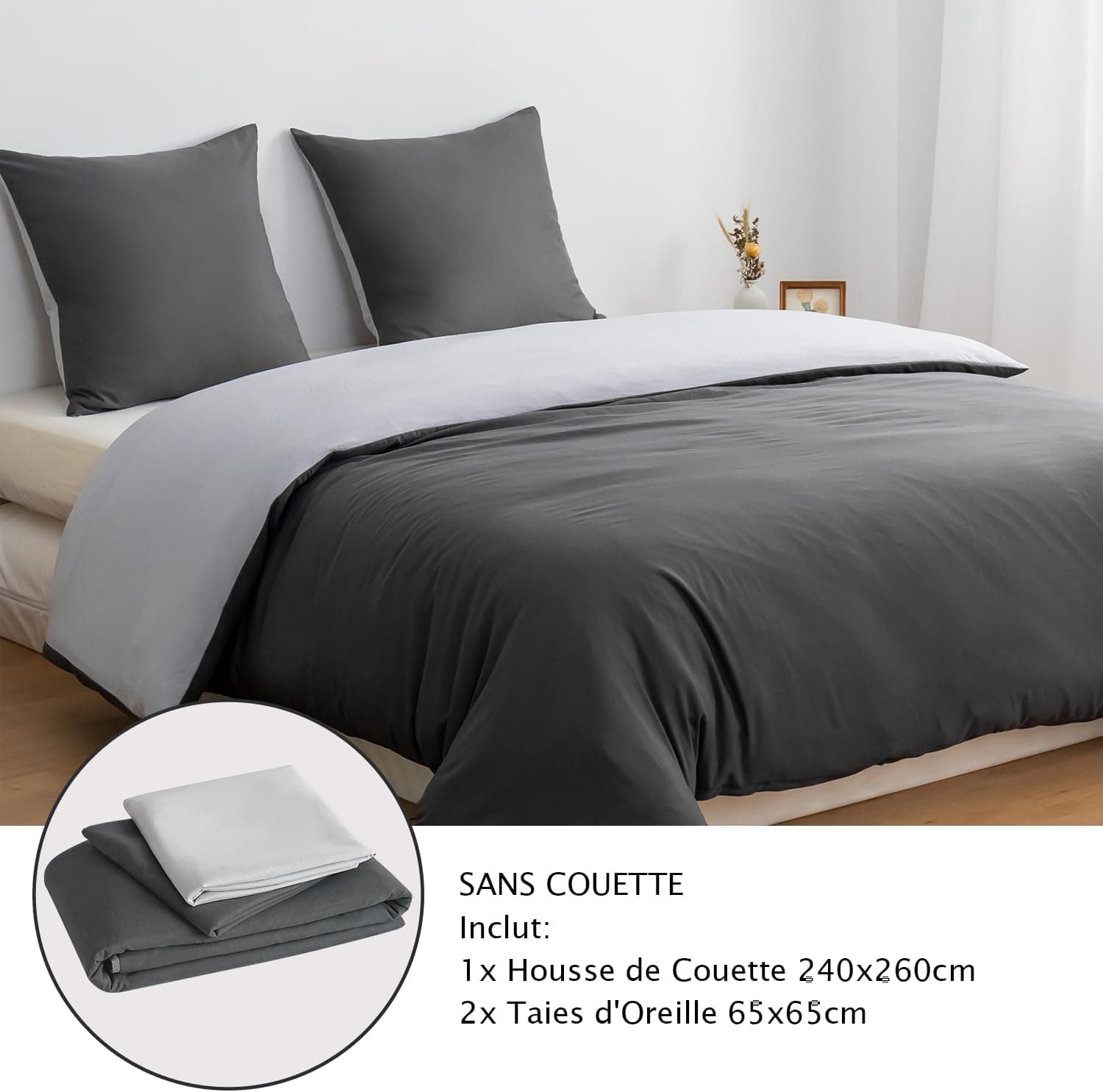 MOHAP Housse de Couette Réversible 240x260 / 65x65x2 cm Gris Foncé + Gris Claire Parure de Lit Bicolore pour 2 Personnes Fermeture Éclair Sets de Housse Couette 7