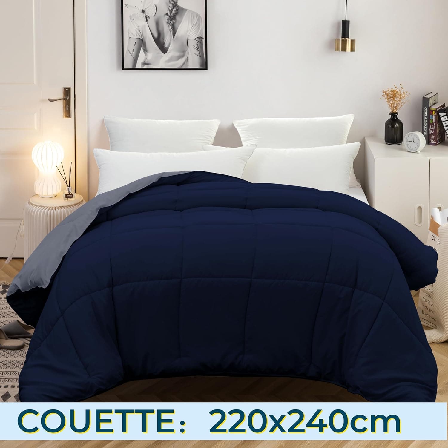 MOHAP Couette Bicolore Chaude l'hiver 450g/m² Épais 220x240cm Hypoallergénique Bicolore Bleu Foncé + Gris Foncé Couette de Lit Réversible 2 Personnes Edredon 3