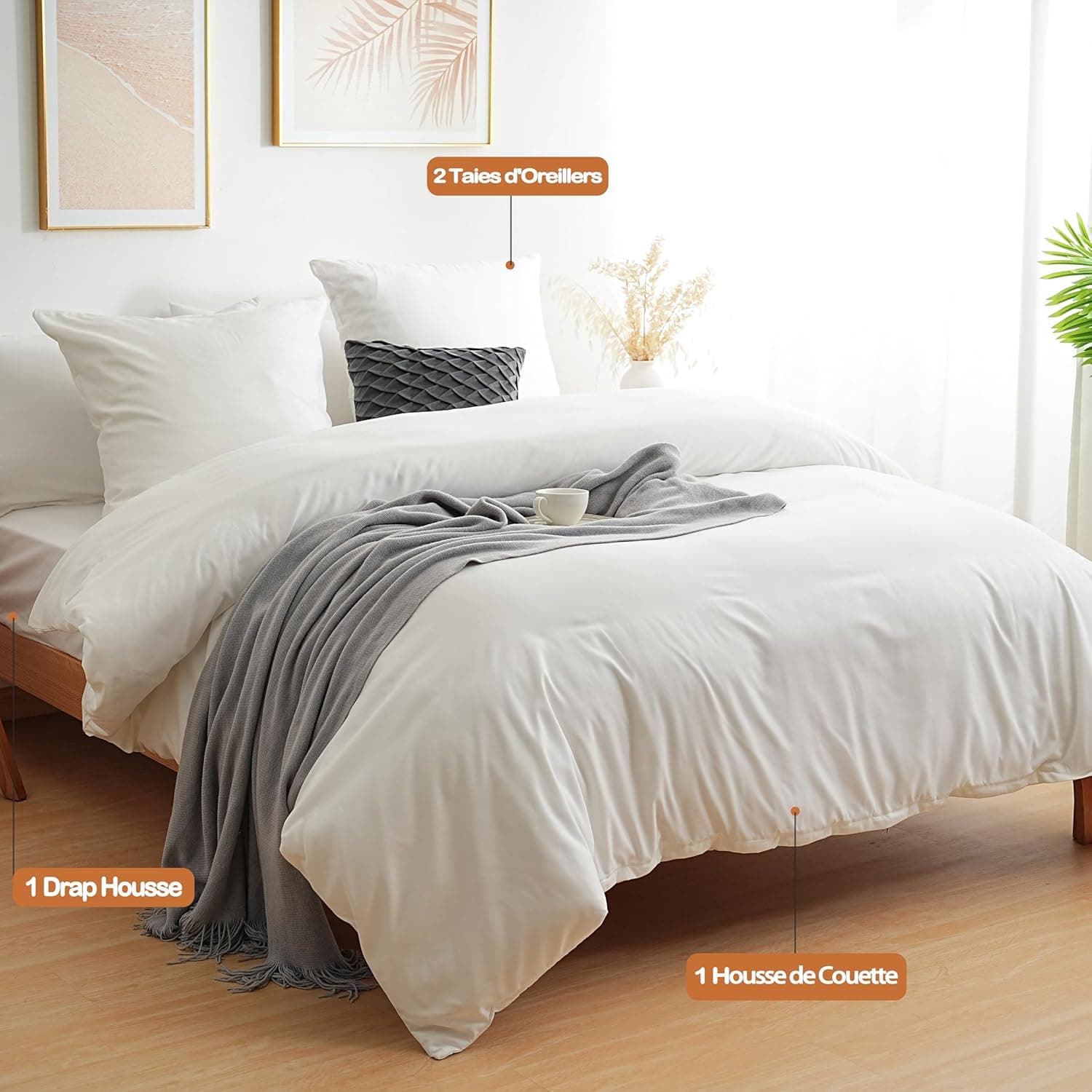 MOHAP Parure de Lit 4 Pièces Housse de Couette 220x240cm + Drap Housse 160x200cm avec 2 taies d'oreillers 65x65cm Blanc pour 2 Personnes Parure 120 Fils/cm² en Microfibre 2