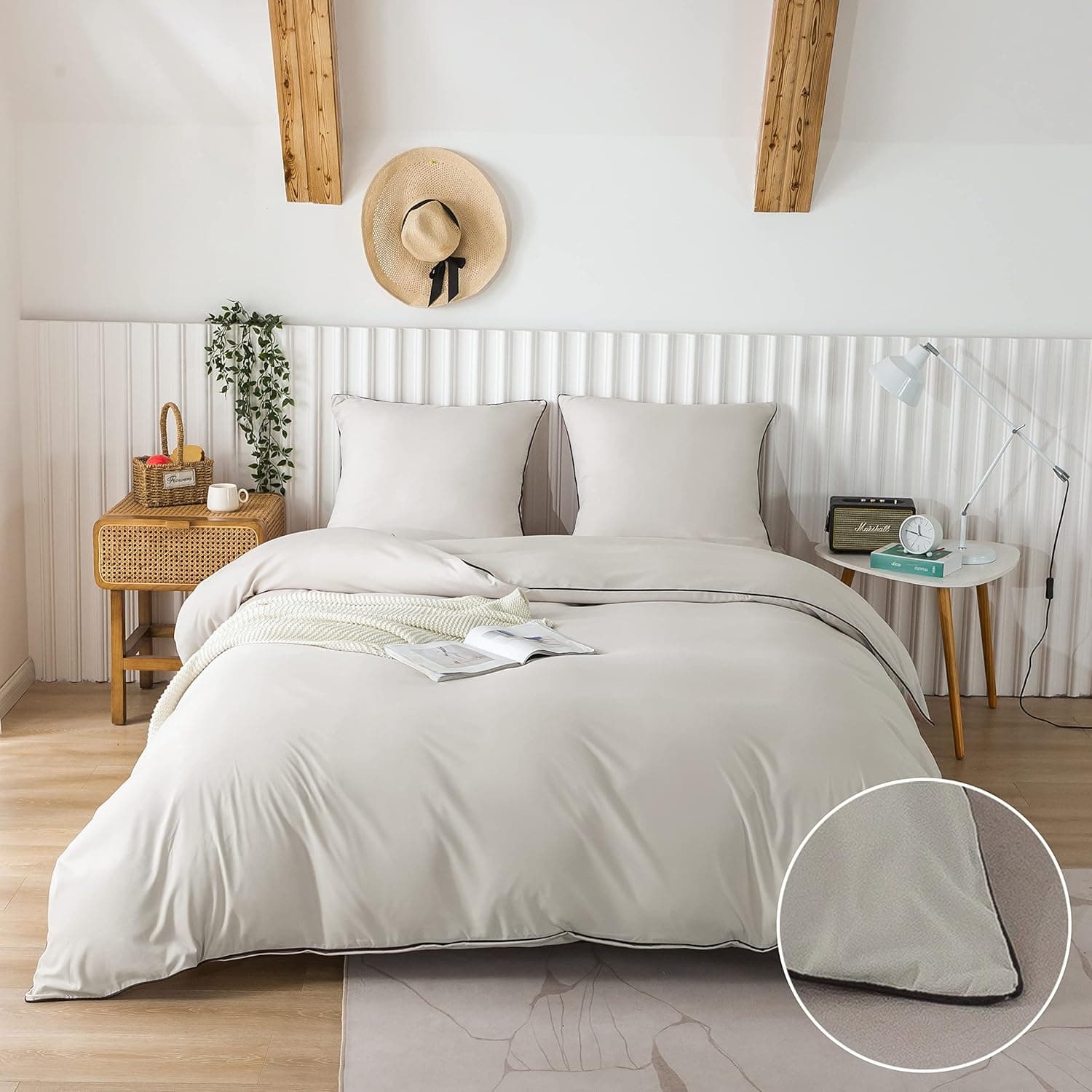 MOHAP Housse de Couette 240x260cm + Taies d'oreillers 65x65x2 cm Beige 120 Fils/cm² Parure de Lit avec Fermeture Eclaire pour 2 Personnes