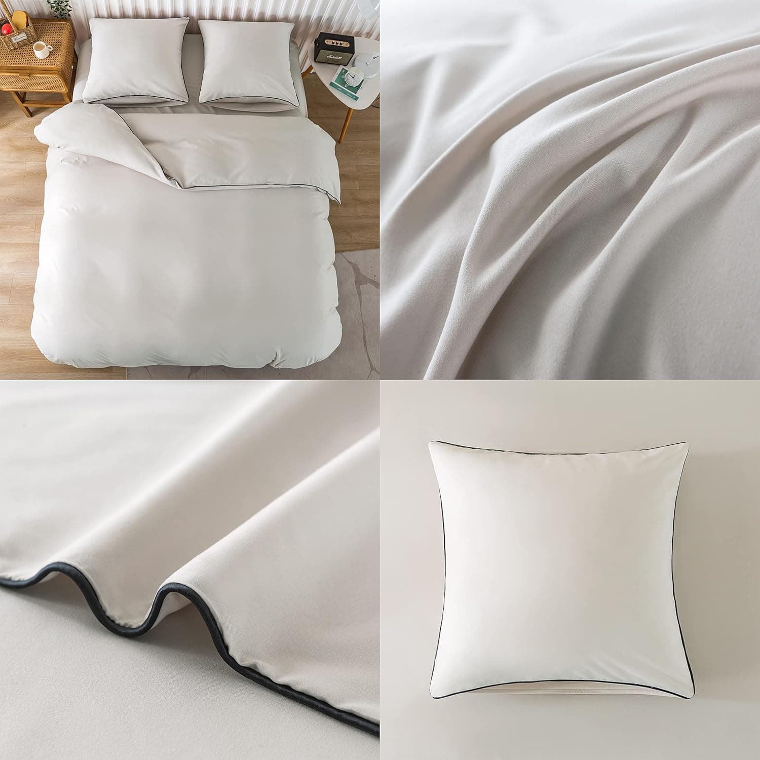 MOHAP Housse de Couette 240x260cm + Taies d'oreillers 65x65x2 cm Beige 120 Fils/cm² Parure de Lit avec Fermeture Eclaire pour 2 Personnes 6