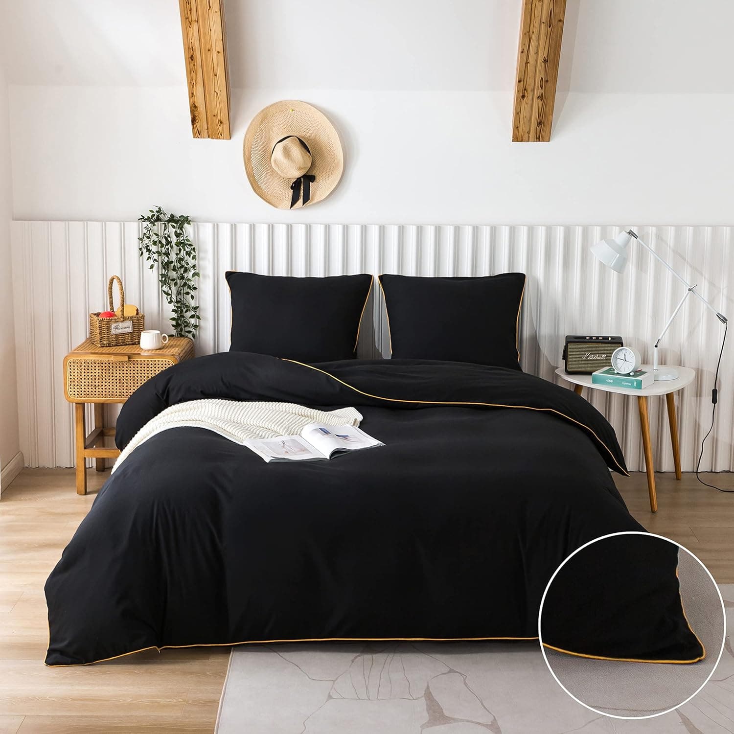 MOHAP Housse de Couette 240x260cm + Taies d'oreillers 65x65x2 cm Noir 120 Fils/cm² Parure de Lit avec Fermeture Eclaire pour 2 Personnes
