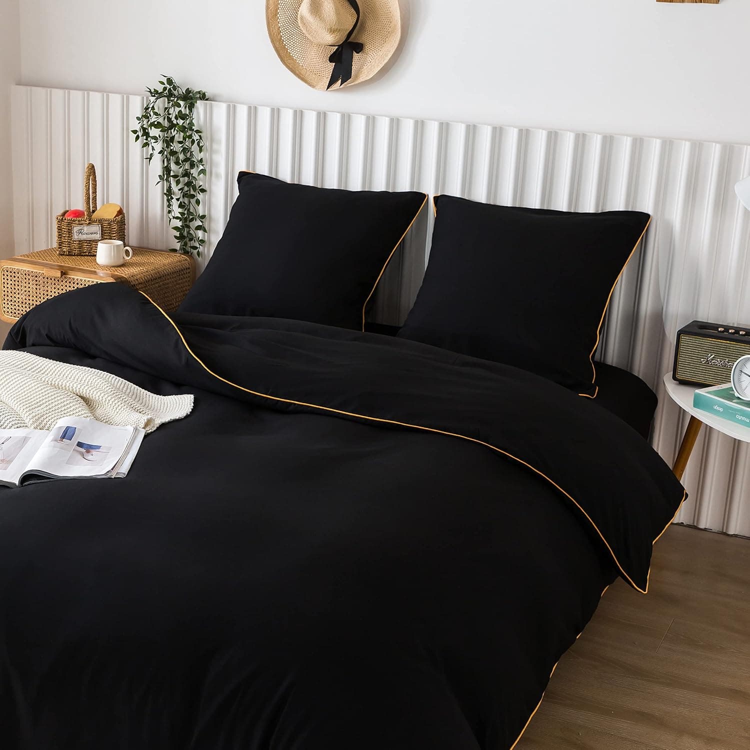 MOHAP Housse de Couette 240x260cm + Taies d'oreillers 65x65x2 cm Noir 120 Fils/cm² Parure de Lit avec Fermeture Eclaire pour 2 Personnes 2