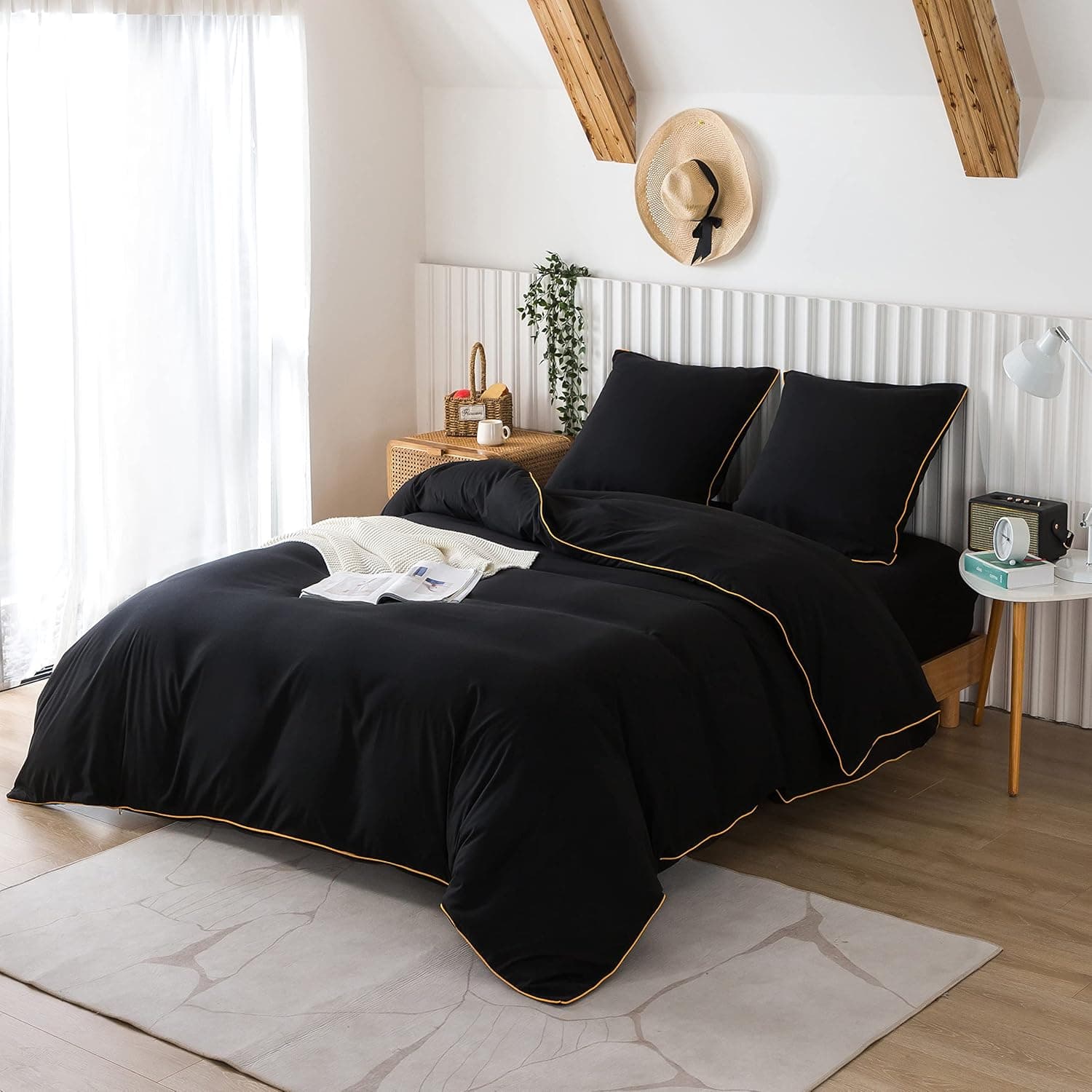 MOHAP Housse de Couette 240x260cm + Taies d'oreillers 65x65x2 cm Noir 120 Fils/cm² Parure de Lit avec Fermeture Eclaire pour 2 Personnes 3