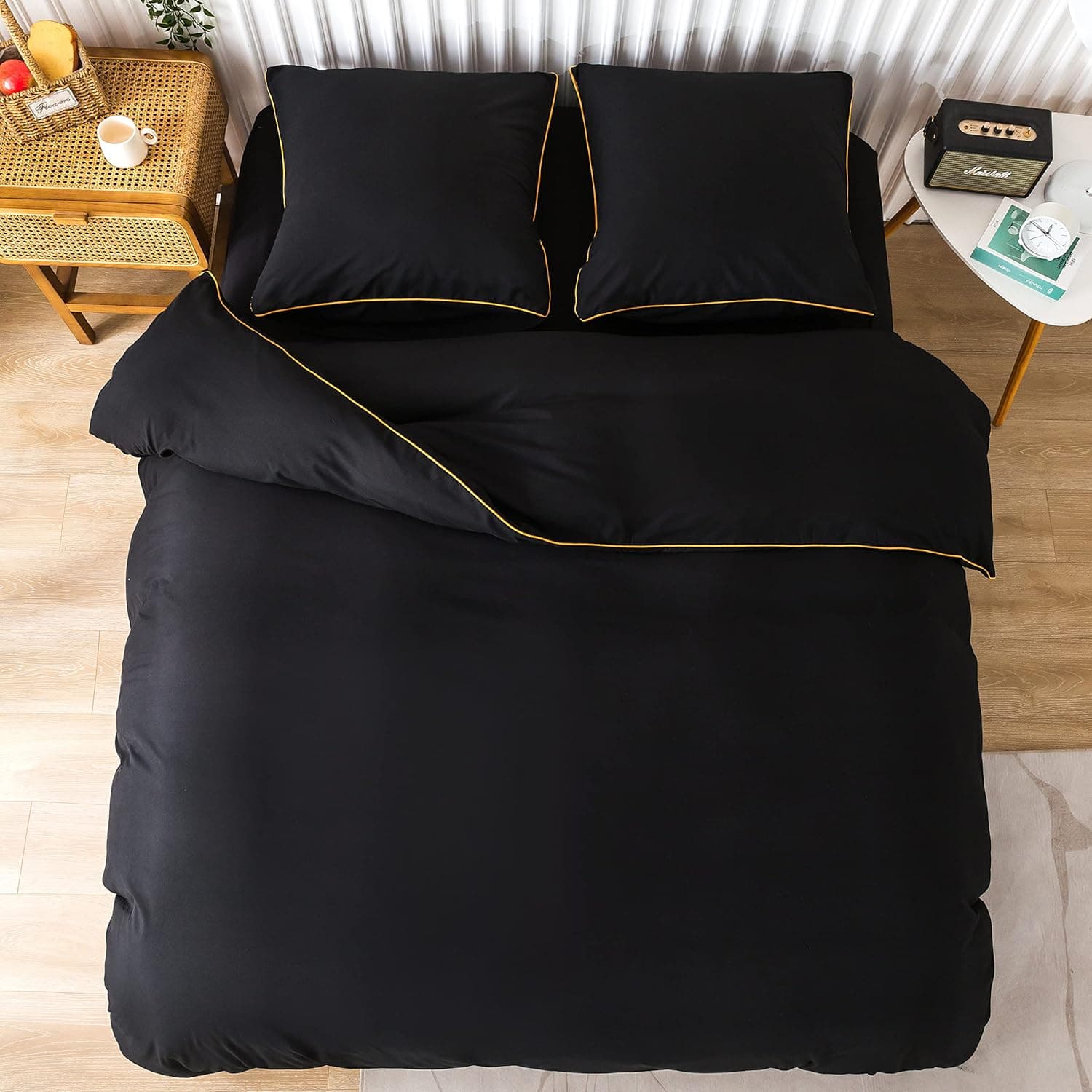MOHAP Housse de Couette 240x260cm + Taies d'oreillers 65x65x2 cm Noir 120 Fils/cm² Parure de Lit avec Fermeture Eclaire pour 2 Personnes 7