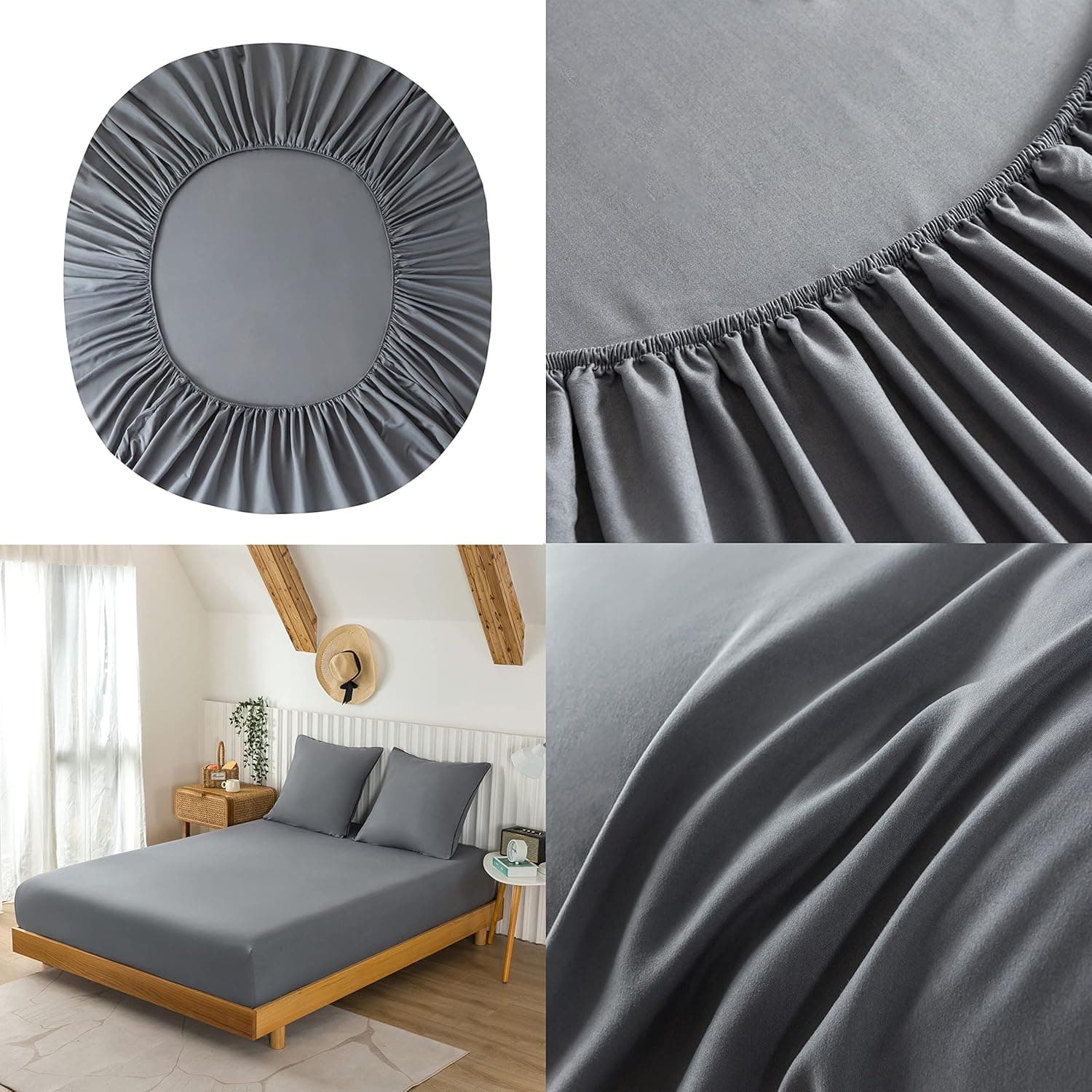 MOHAP Parure de Lit 4 Pièces Housse de Couette 220x240cm + Drap Housse 160x200cm avec 2 taies d'oreillers 65x65cm Gris pour 2 Personnes Parure 120 Fils/cm² en Microfibre 6