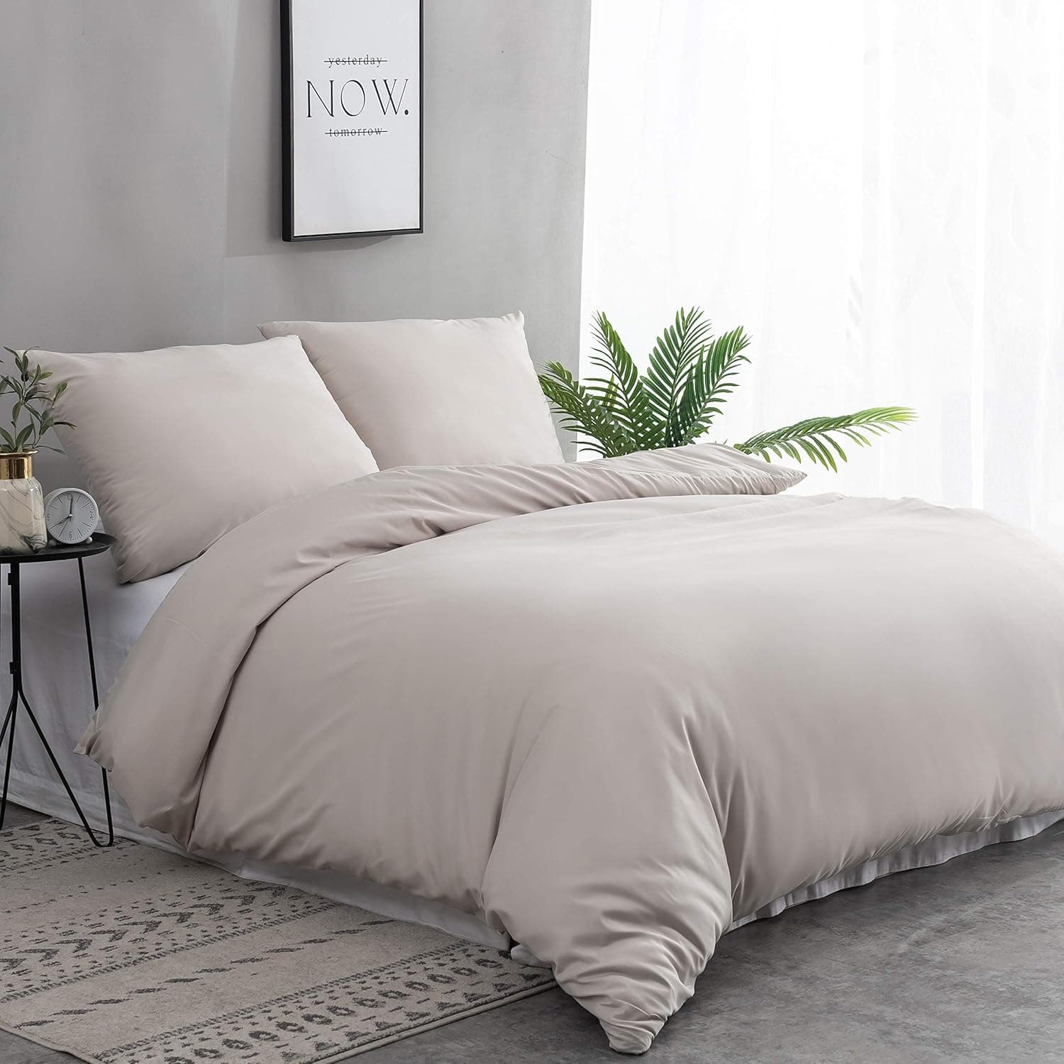 MOHAP 120 Fils/cm² Housse de Couette 240x260 cm Beige avec Taies d'Oreillers 65x65x2cm Parure de Lit 2 Personnes avec Fermeture Eclaire 2