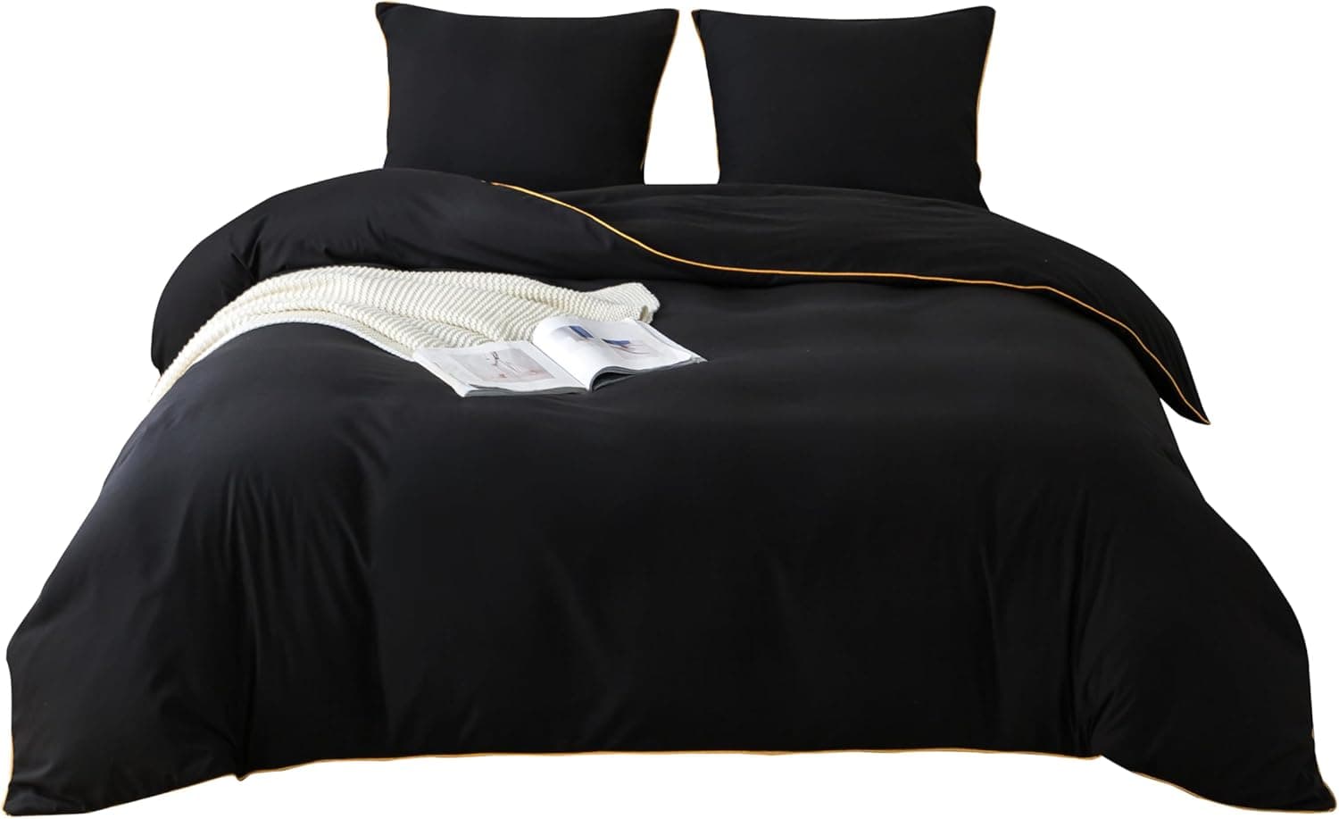 MOHAP Housse de Couette 220x240cm + Taies d'oreillers 65x65x2 cm Noir 120 Fils/cm² Parure de Lit avec Fermeture Eclaire pour 2 Personnes 8