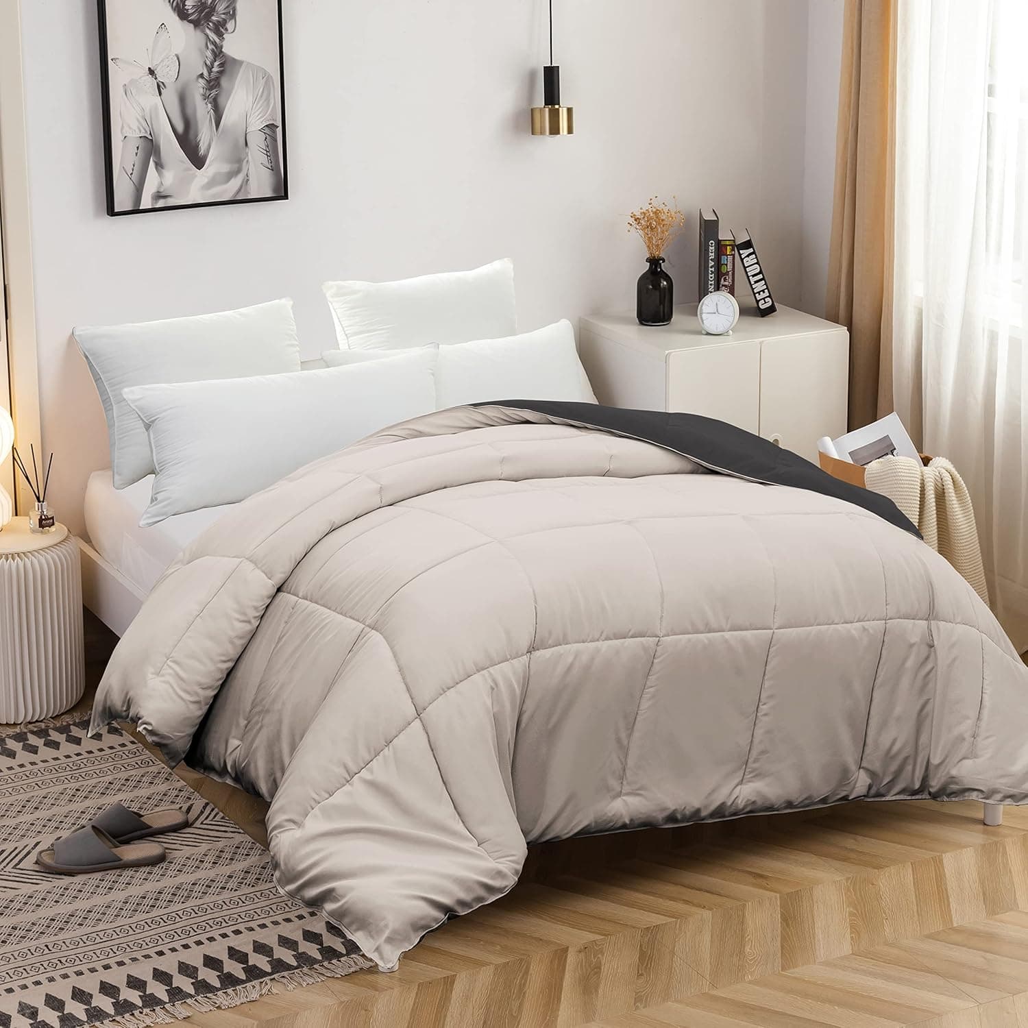 MOHAP Couette Bicolore Chaude l'hiver 450g/m² Épais 140x200cm Hypoallergénique Bicolore Beige + Gris Couette de Lit Réversible 1 Personnes Edredon 2