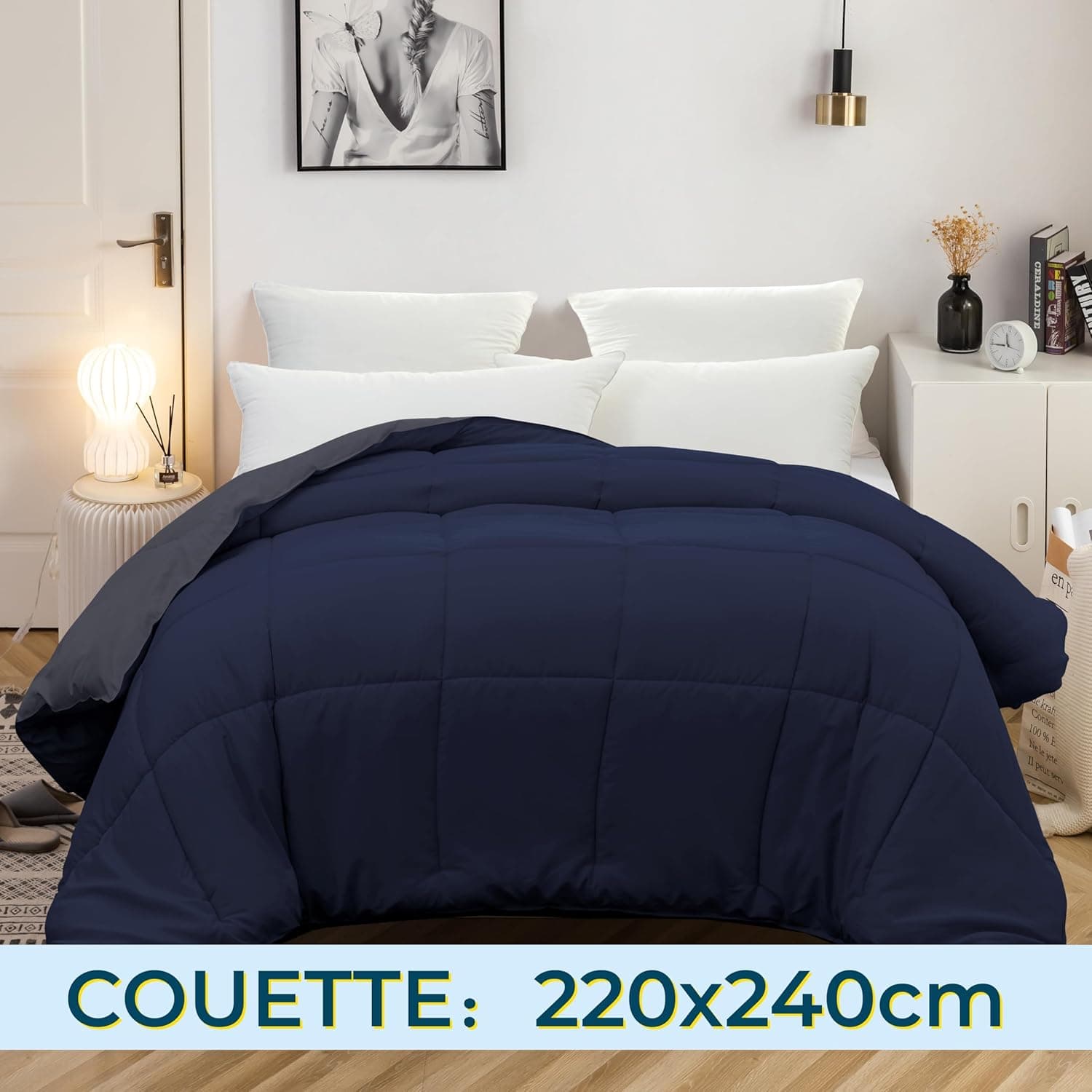 MOHAP Couette Bicolore Chaude l'hiver 450g/m² Épais 220x240cm Hypoallergénique Bicolore Marine + Gris Foncé Couette de Lit Toutes Saisons Réversible 2 Personnes Edredon 3