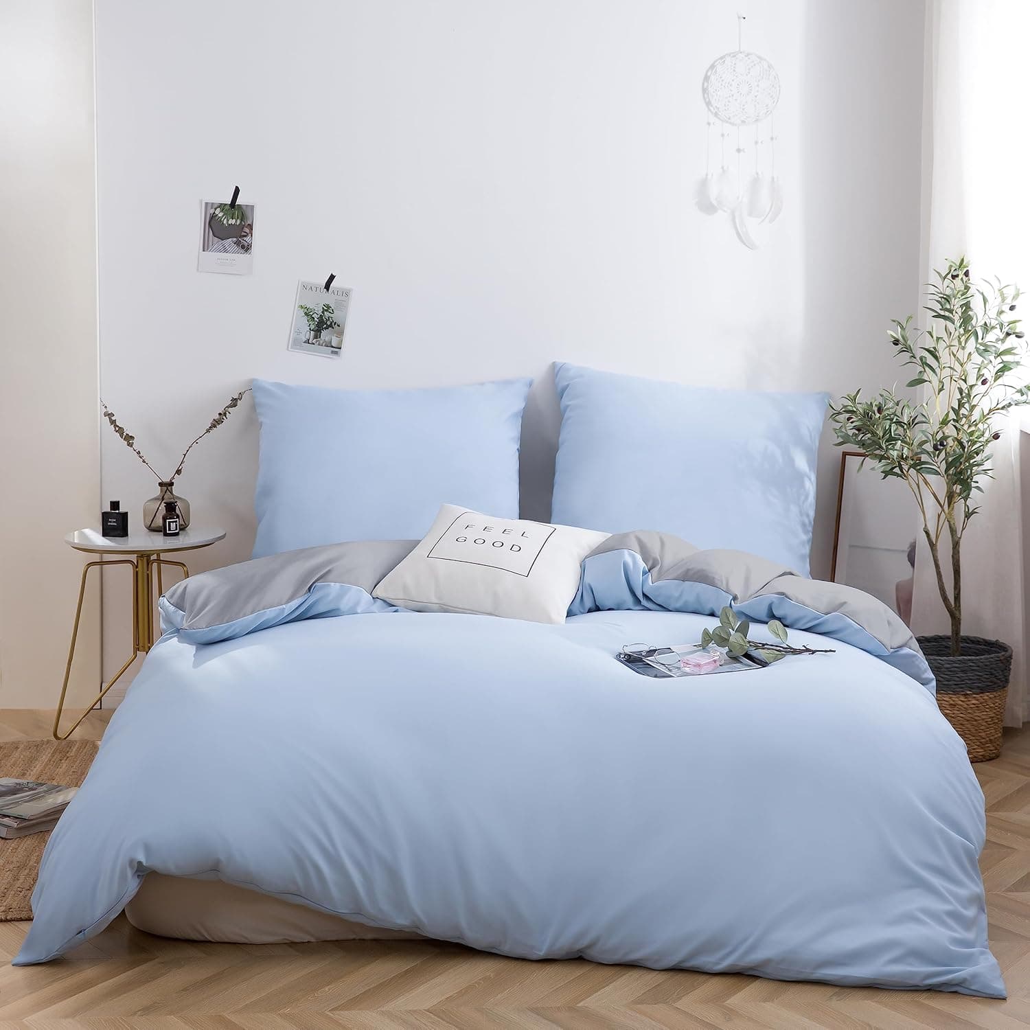 Brushed Microfibre Bed Linen, 1 Duvet Cover (200 x 200 cm) + 2 Pillowcases (80 x 80 cm), with Zip, Light Grey/Spa Blue