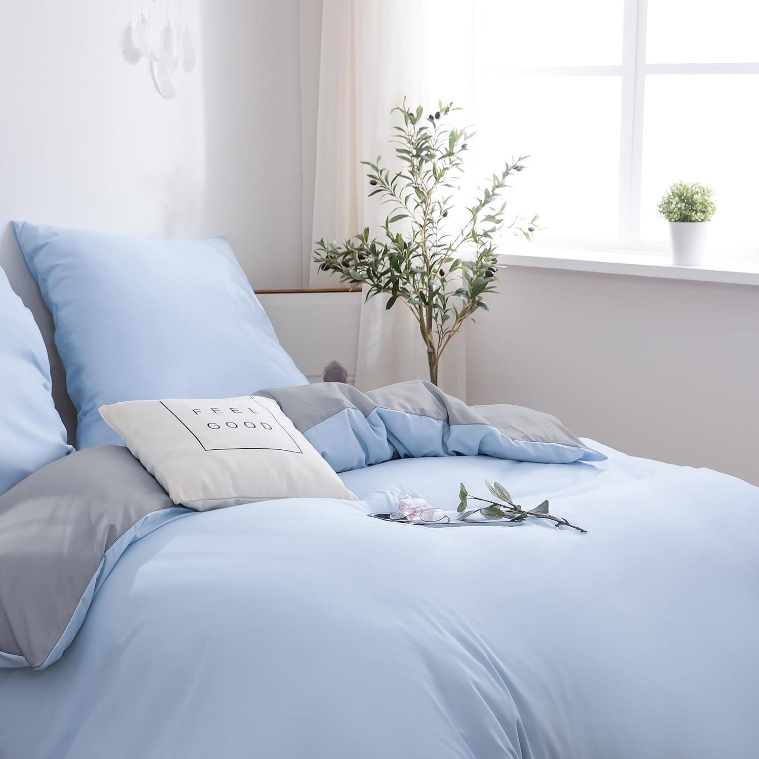 Brushed Microfibre Bed Linen, 1 Duvet Cover (200 x 200 cm) + 2 Pillowcases (80 x 80 cm), with Zip, Light Grey/Spa Blue 2