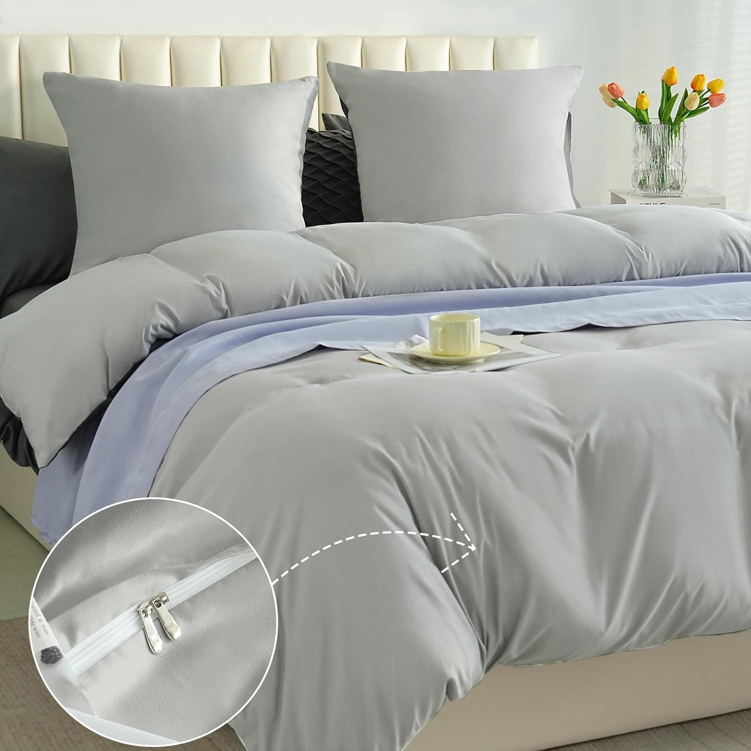 Brushed Microfibre Bed Linen, 1 Duvet Cover (155 x 200 cm) + 1 Pillowcase (80 x 80 cm), with Zip, Light Grey