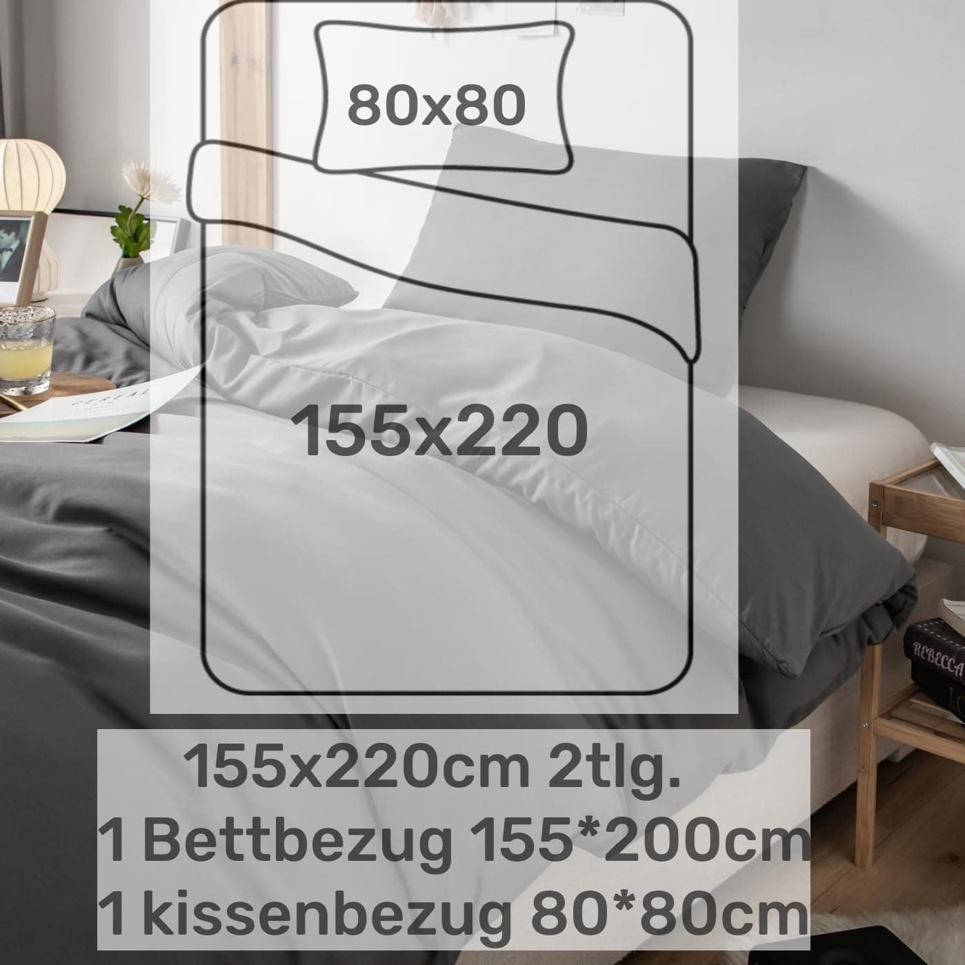 Brushed Microfibre Bed Linen, 1 Duvet Cover (155 x 200 cm) + 1 Pillowcase (80 x 80 cm), with Zip, Light Grey 6