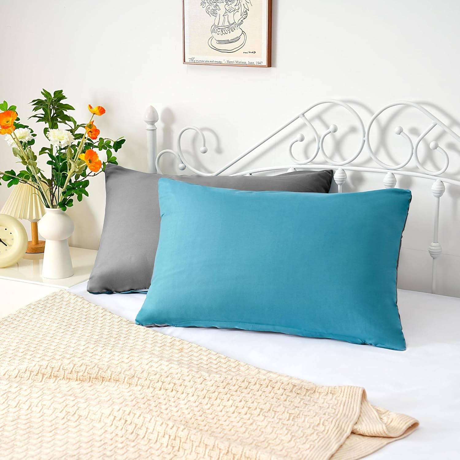 Lot de 2 taies d'oreiller à fermeture éclair en microfibre brossée pour chambre à coucher (50 x 75 cm) - Gris et bleu sarcelle