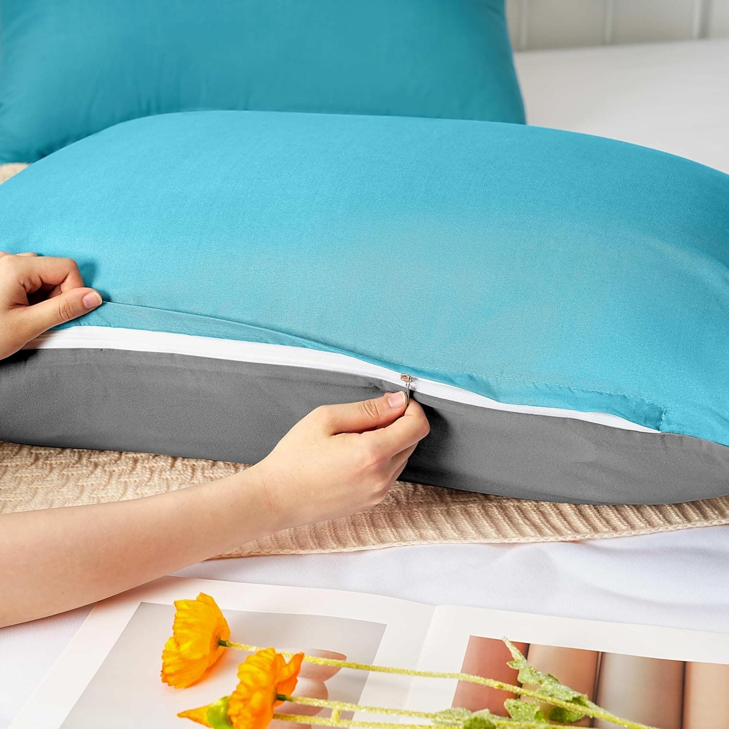 Lot de 2 taies d'oreiller à fermeture éclair en microfibre brossée pour chambre à coucher (50 x 75 cm) - Gris et bleu sarcelle 4