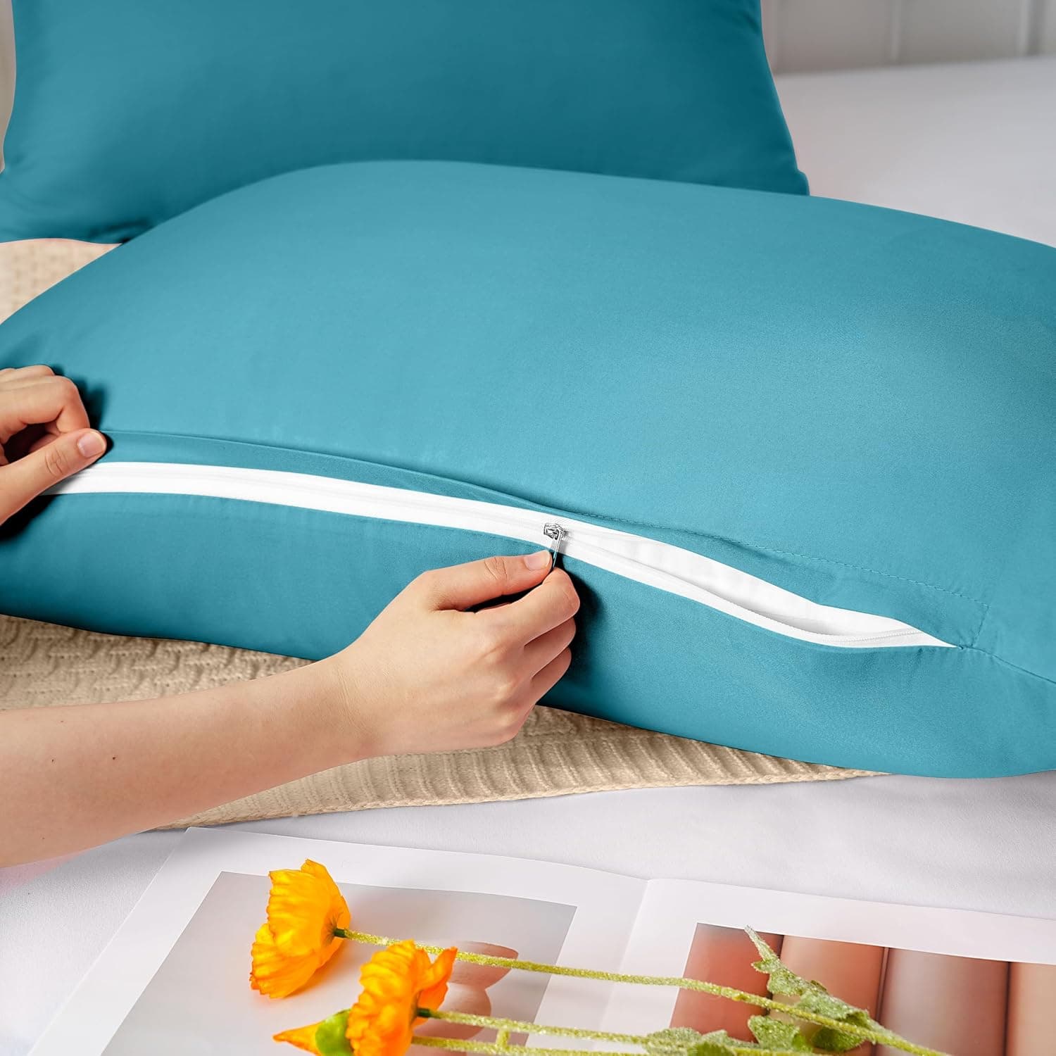 Lot de 2 taies d'oreiller à fermeture éclair en microfibre brossée pour chambre à coucher (50 x 75) cm Bleu sarcelle 4