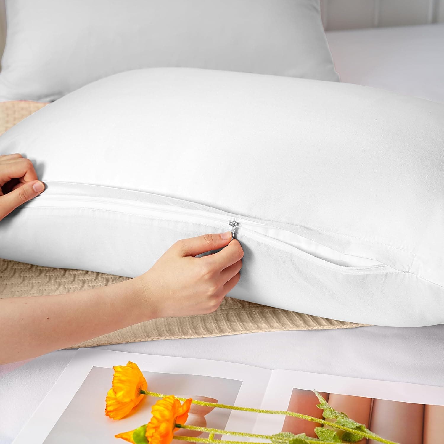 Lot de 2 taies d'oreiller à fermeture éclair en microfibre brossée pour chambre à coucher (50 x 75 cm) Blanc 4