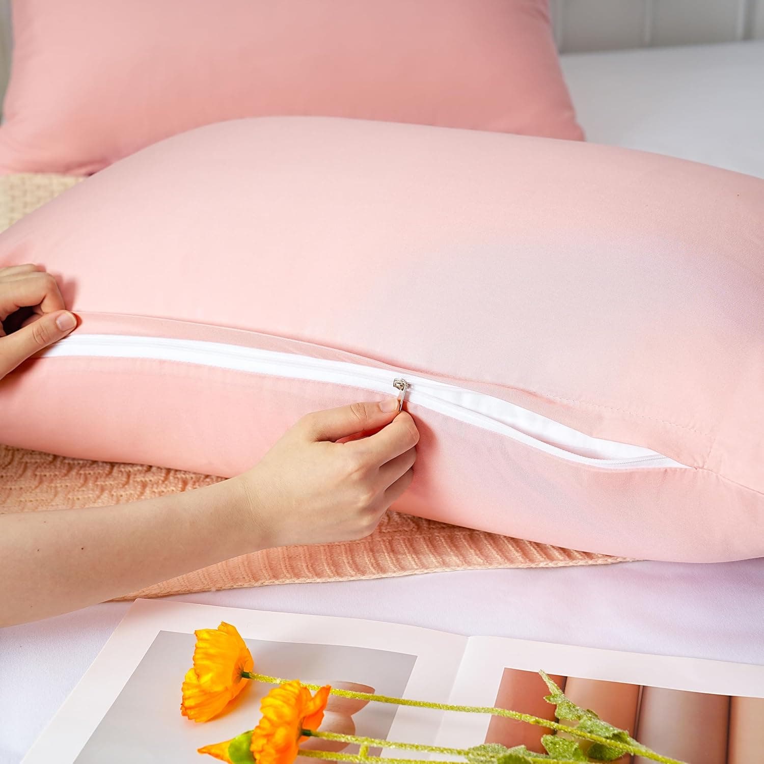 Lot de 2 taies d'oreiller à fermeture éclair en microfibre brossée pour chambre à coucher (50 x 75) cm, rose 4